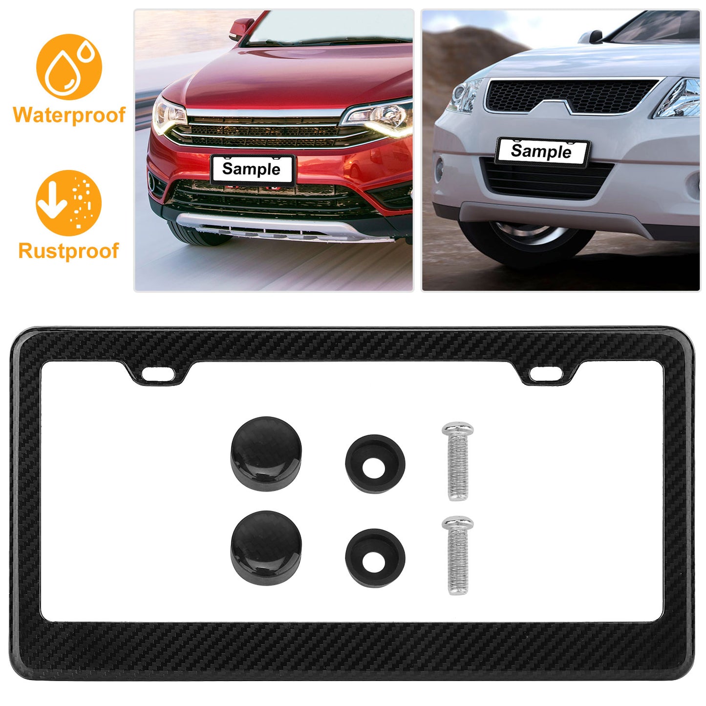 LJGelectro - License Plate Frame Rustproof Waterproof Carbon Fiber Black License Plate Frame 2 Holes w/ Bolts Washer Caps for USA/Canada Standard