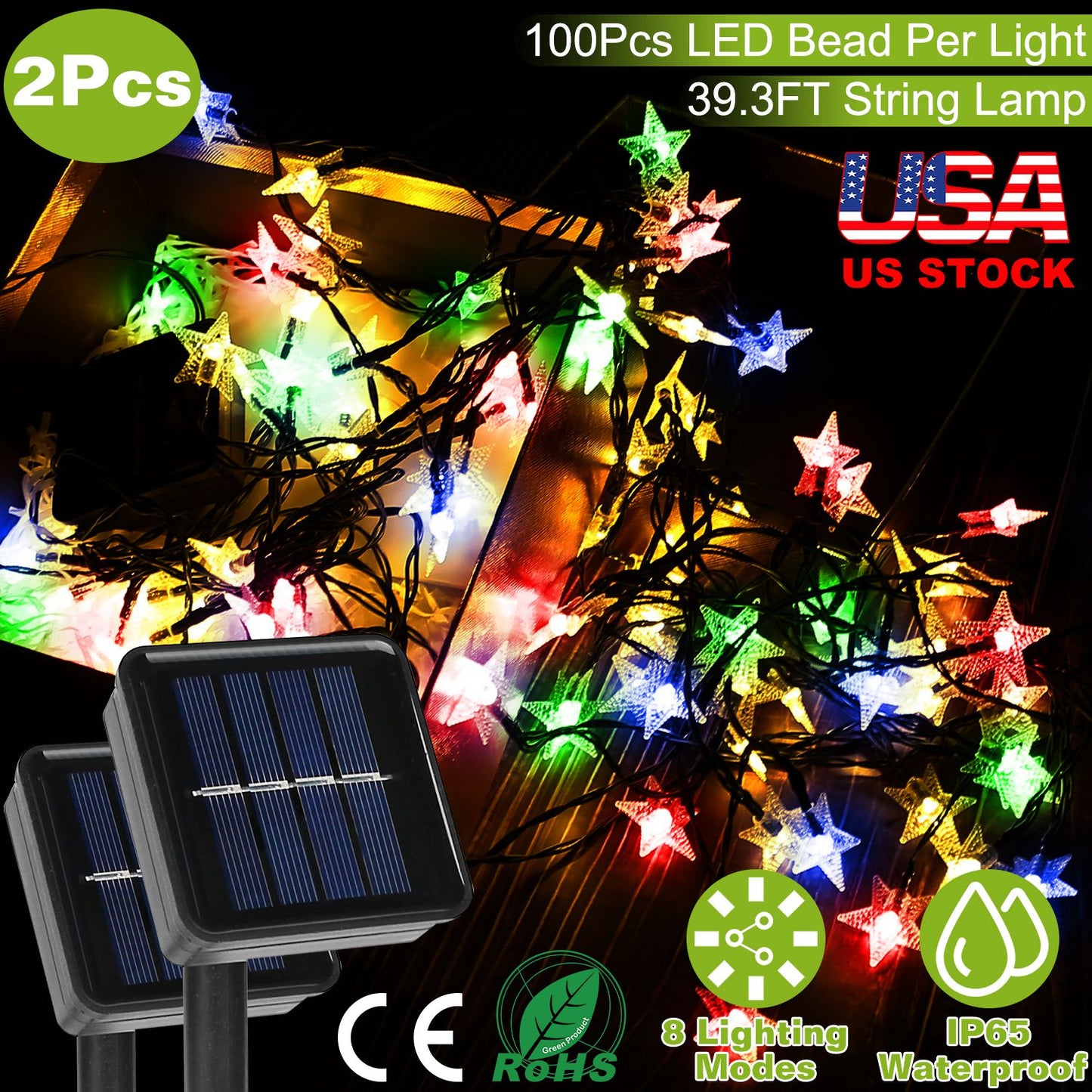 LJGelectro - 2Pcs Solar Powered String Lights 39.3FT 100LED Beads Fairy Star Lights IP65 Waterproof Decorative Garden Party Christmas Tree Stake Lamps w/ 8 Lightin