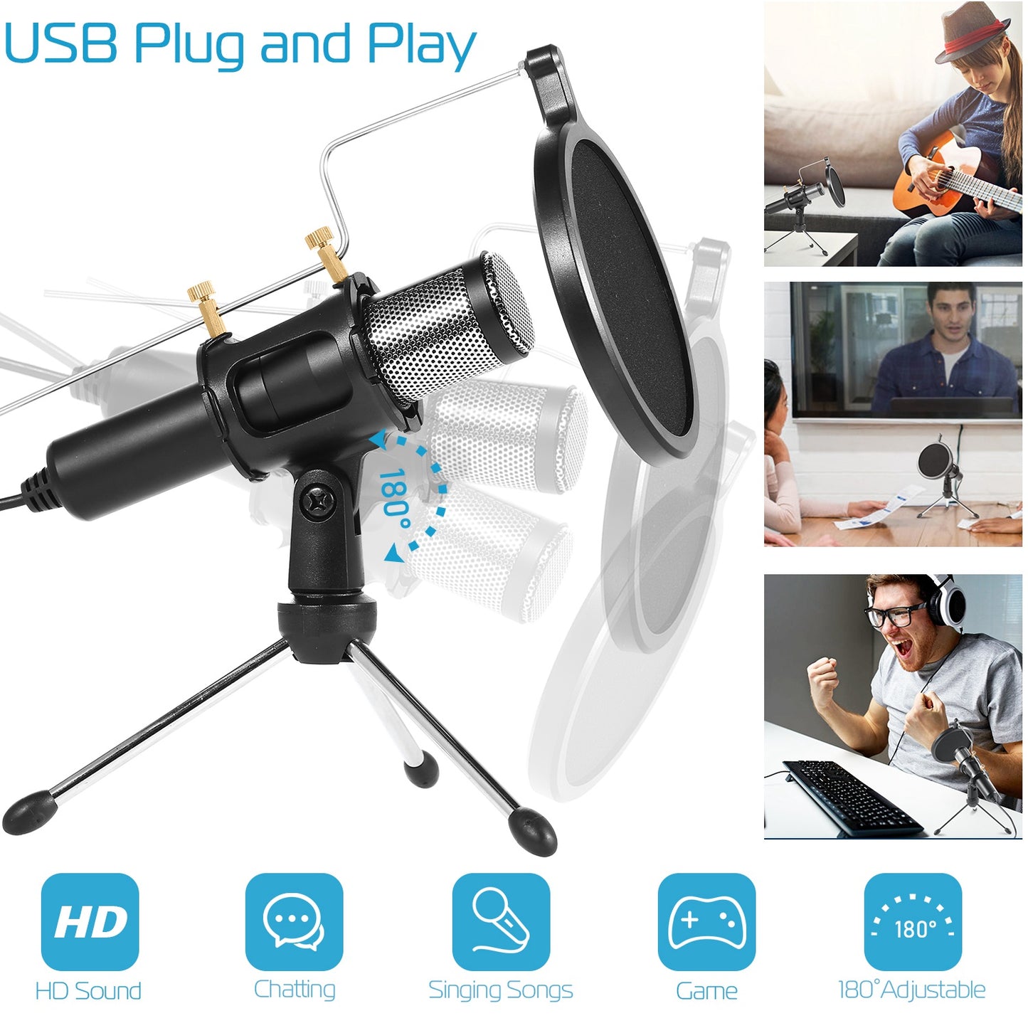 LJGelectro - Professional Condenser Microphone Studio Recording Cardioid Microphone w/180° Tripods Pop Filter USB Plug for Podcasting Gaming Chatting