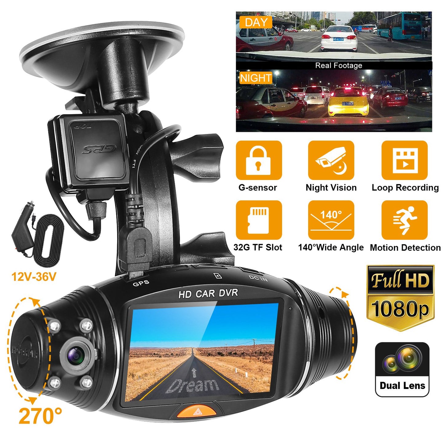 LJGelectro - FHD 1080P Dual Lens Car DVR Dash Cam GPS Camera Video Recorder G-Sensor Night Vision