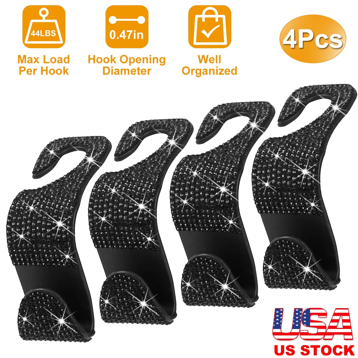 LJGelectro - 4Pcs Car Headrest Hooks Bling Rhinestones Back Seat Organizer Hanger Holder For Bag Purse Cloth Grocery Umbrellas