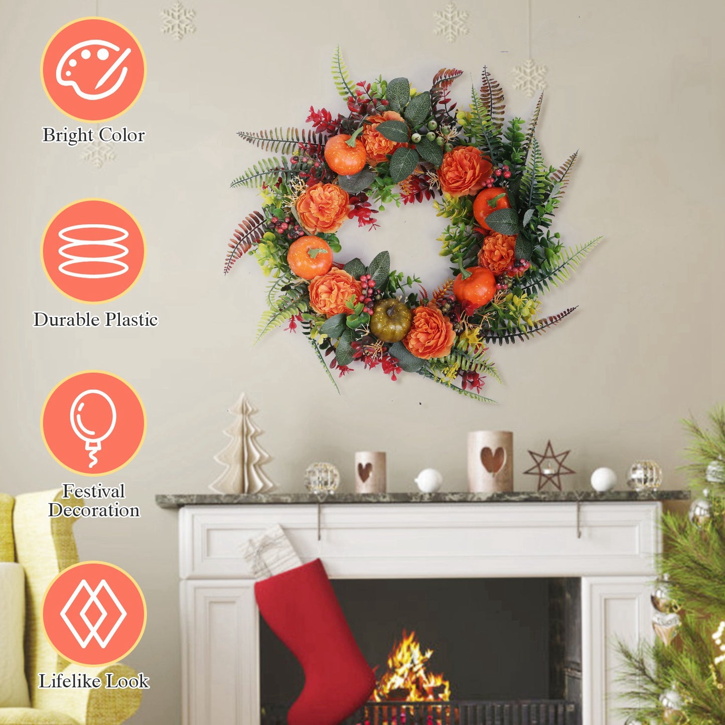 LJGelectro - 17.71IN Autumn Wreath with Pumpkin Mixed Leaves Berries Flowers Fall Decoration for Indoor Outdoor Window Wall Front Door in Halloween Thanks Giving D