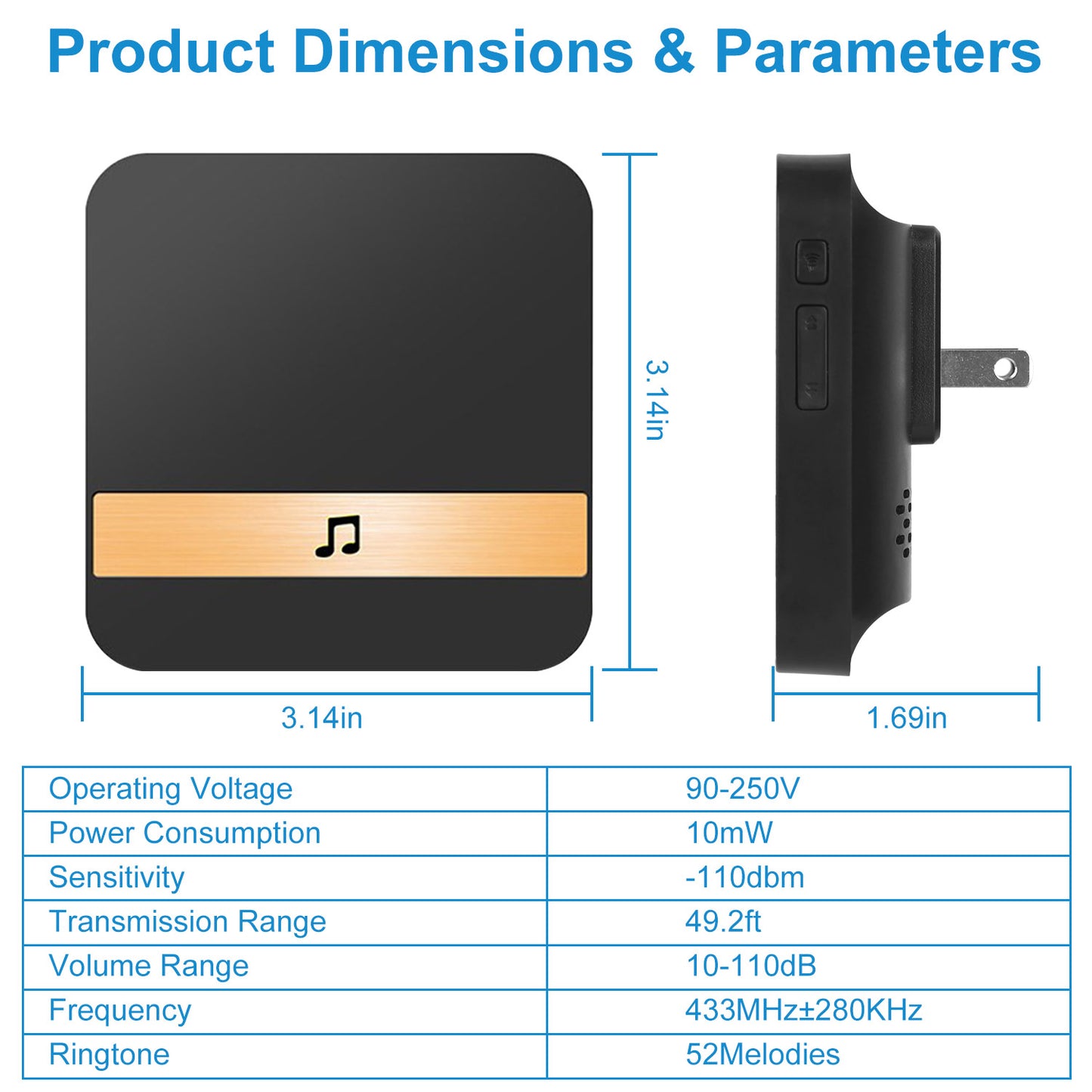 LJGelectro - Plug In Chime Receiver Dingdong Entry Door Alarm Bell 433MHz 90-250V Doorbell with Volume 52 Melody Adjustments