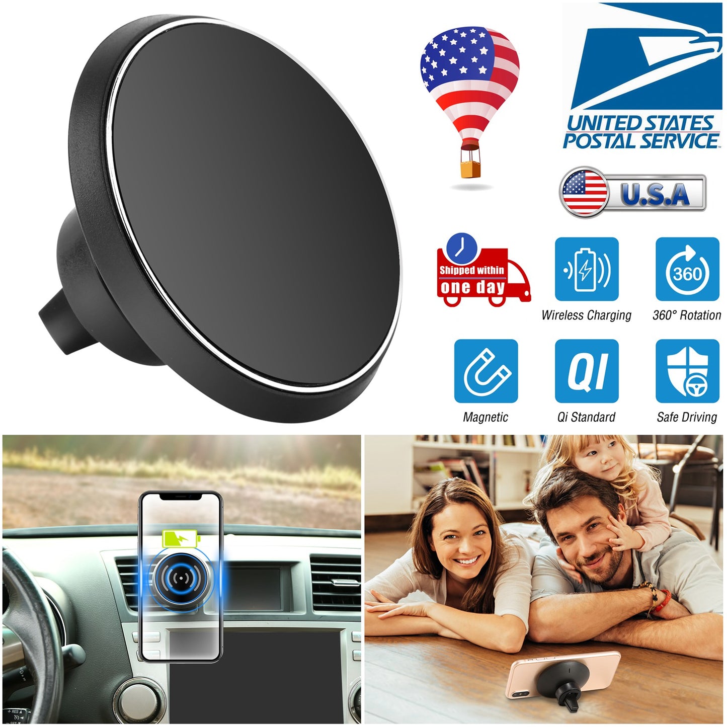 LJGelectro - Qi Wireless Car Charger Magnetic Car Phone Charger 5W Charging Pad Air Vent Phone Mount Holder for iPhone XS MAX XR Galaxy S10 S9 Tablet GPS Device