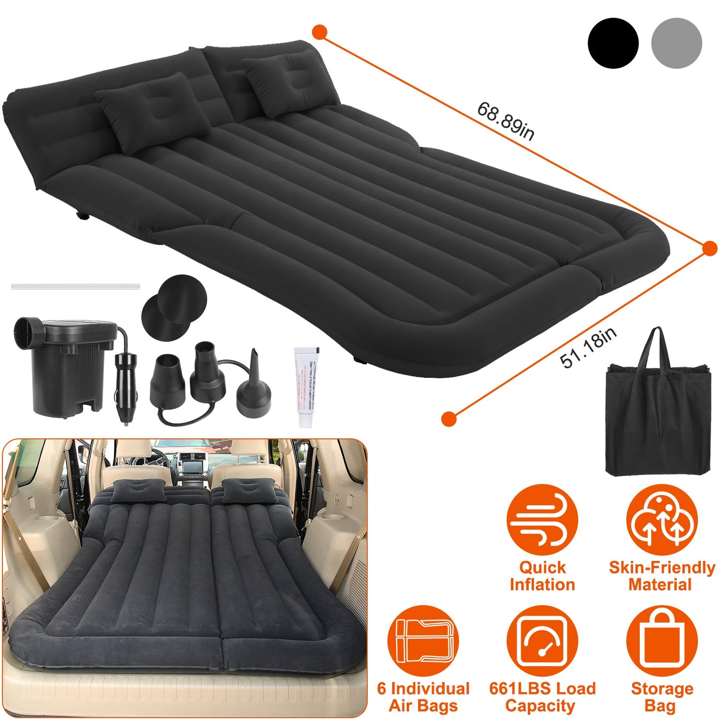 LJGelectro - Inflatable SUV Air Mattress Thickened Camping Bed Cushion with Pillow Air Pump Storage Bag PVC Flocked Car Bed for Home Car Travel Camping