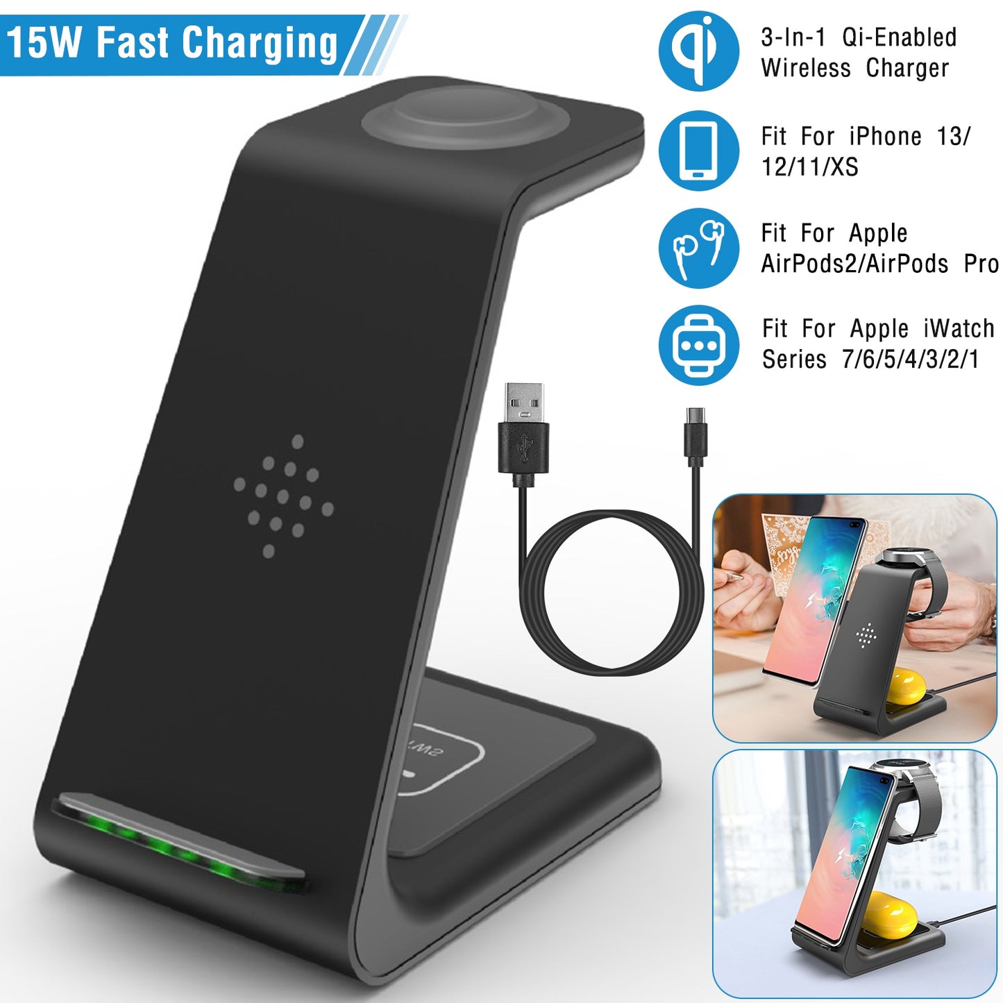 LJGelectro - 15W 3 in 1 Wireless Charger Dock Fast Charging Station Stand Holder Fit for iPhone 13/12/11/XS Apple Watch Series 7/6/5/4/3/2/1 AirPods 2 AirPods Pro