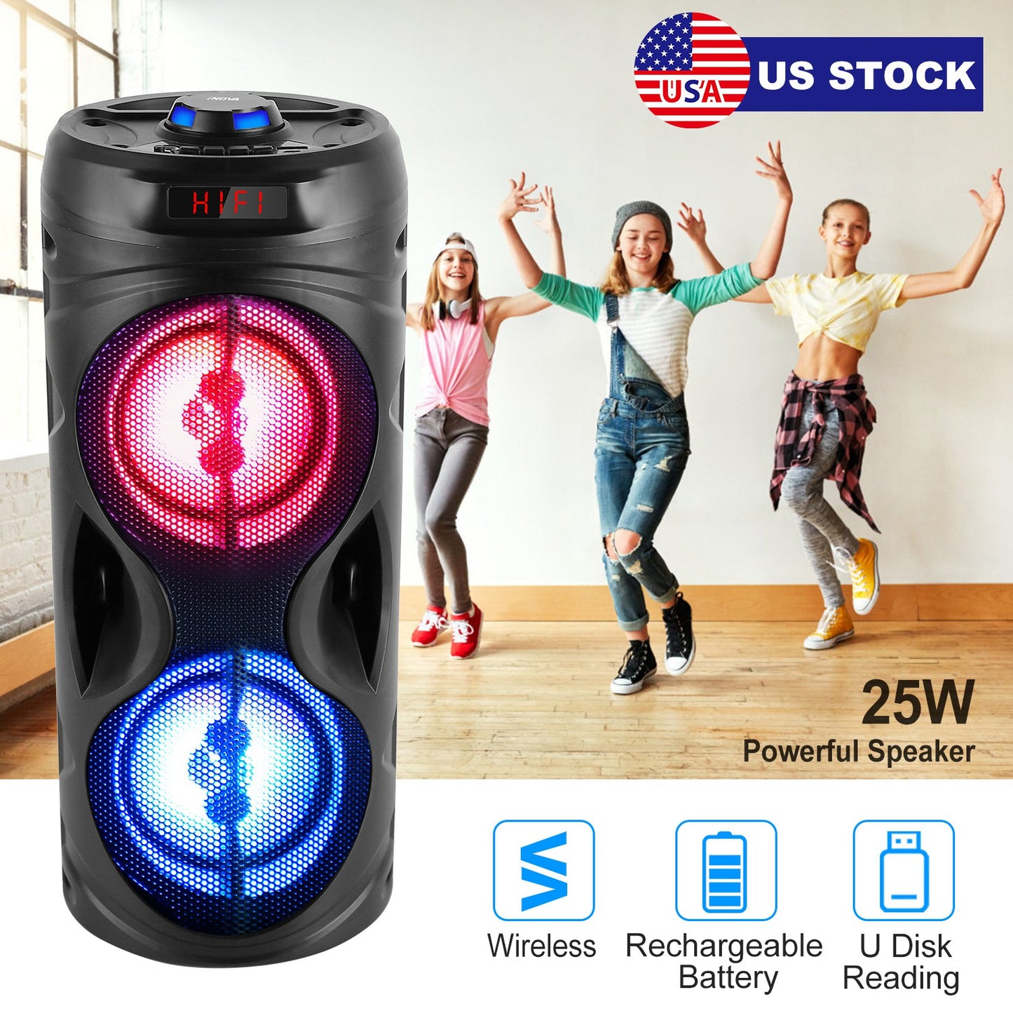 LJGelectro - Portable Wireless Party Speaker Karaoke Machine Wireless Speaker with LED DJ Light FM Radio Supports MMC Card/USB Microphone Aux-In for Party Home TV