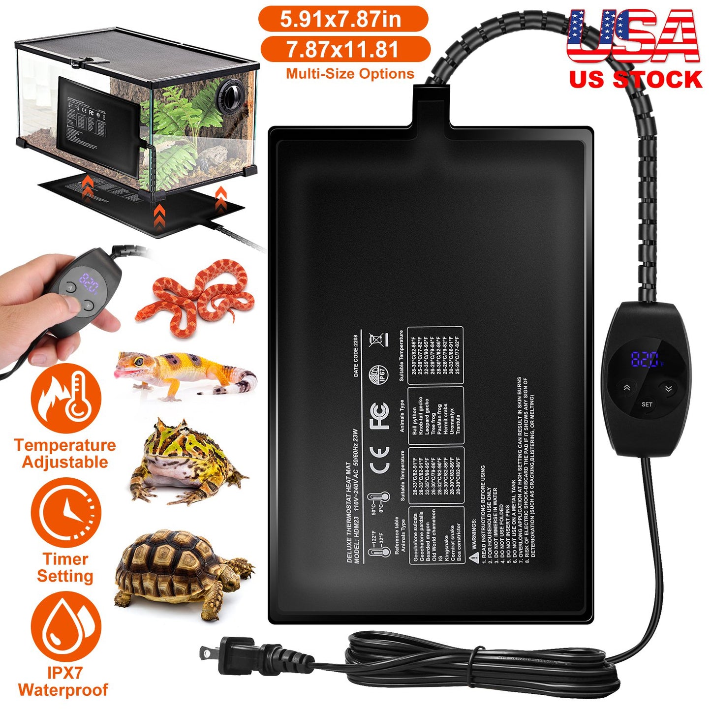 LJGelectro - Electric Reptile Heating Pad With 32-122°F Temperature Adjustment IPX7 Waterproof Timer Setting Under Tank Heating Mat for Lizards Turtles Snake Spide