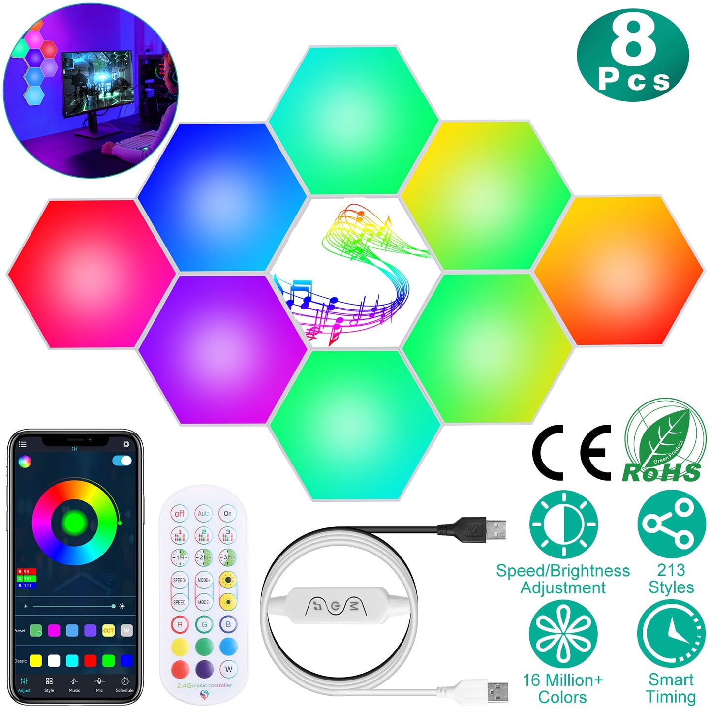 LJGelectro - 8Pcs Hexagon Light Panels RGBW Colorful Splicing Wall Lamps App Remote Line Control Timing Decorative Gaming Light Music Sync Lamps