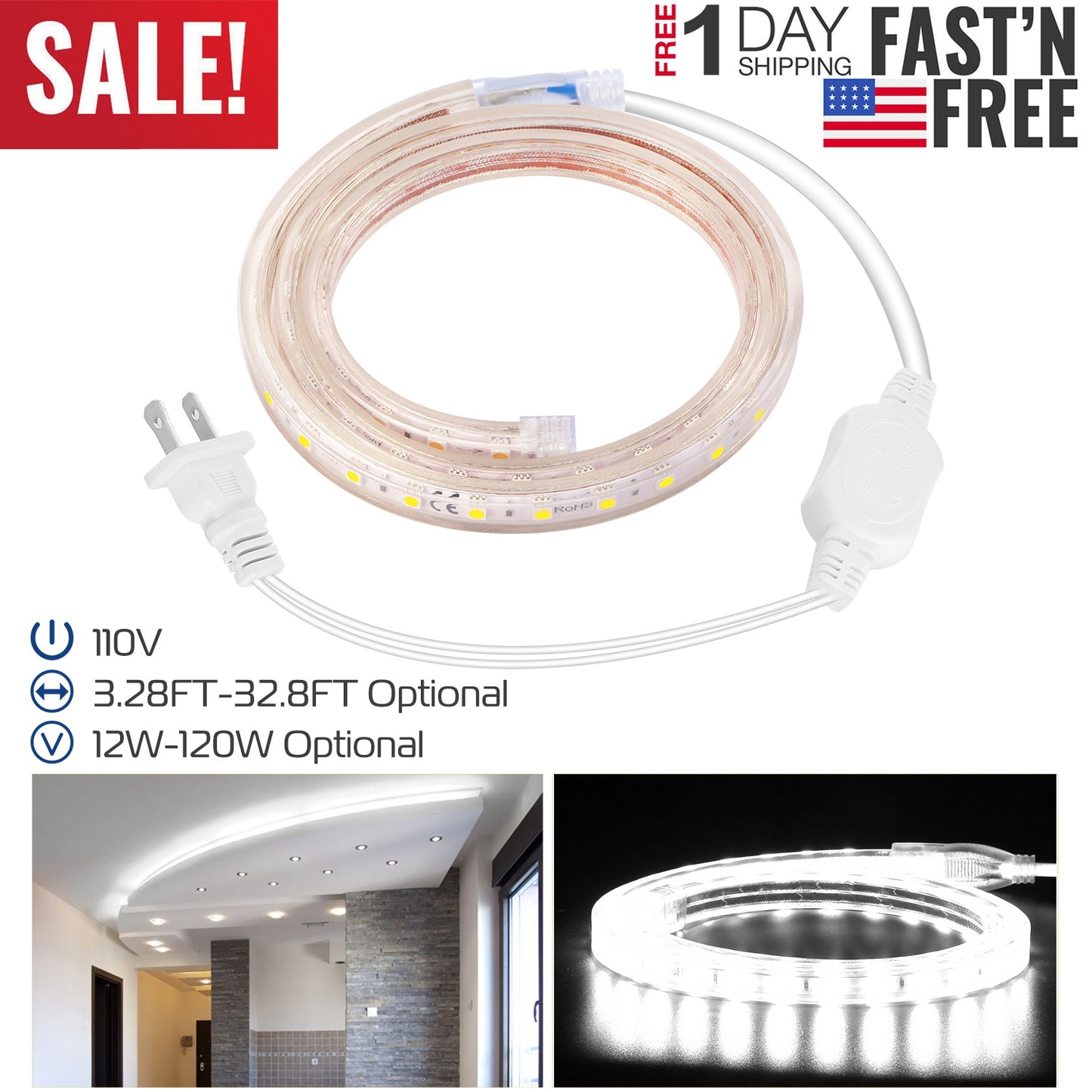 LJGelectro - 32.8ft/10m LED Strip Light 110V IP65 Waterproof 2500LM Dimmable Rope Light SMD 5050 6000K Cold White Warm