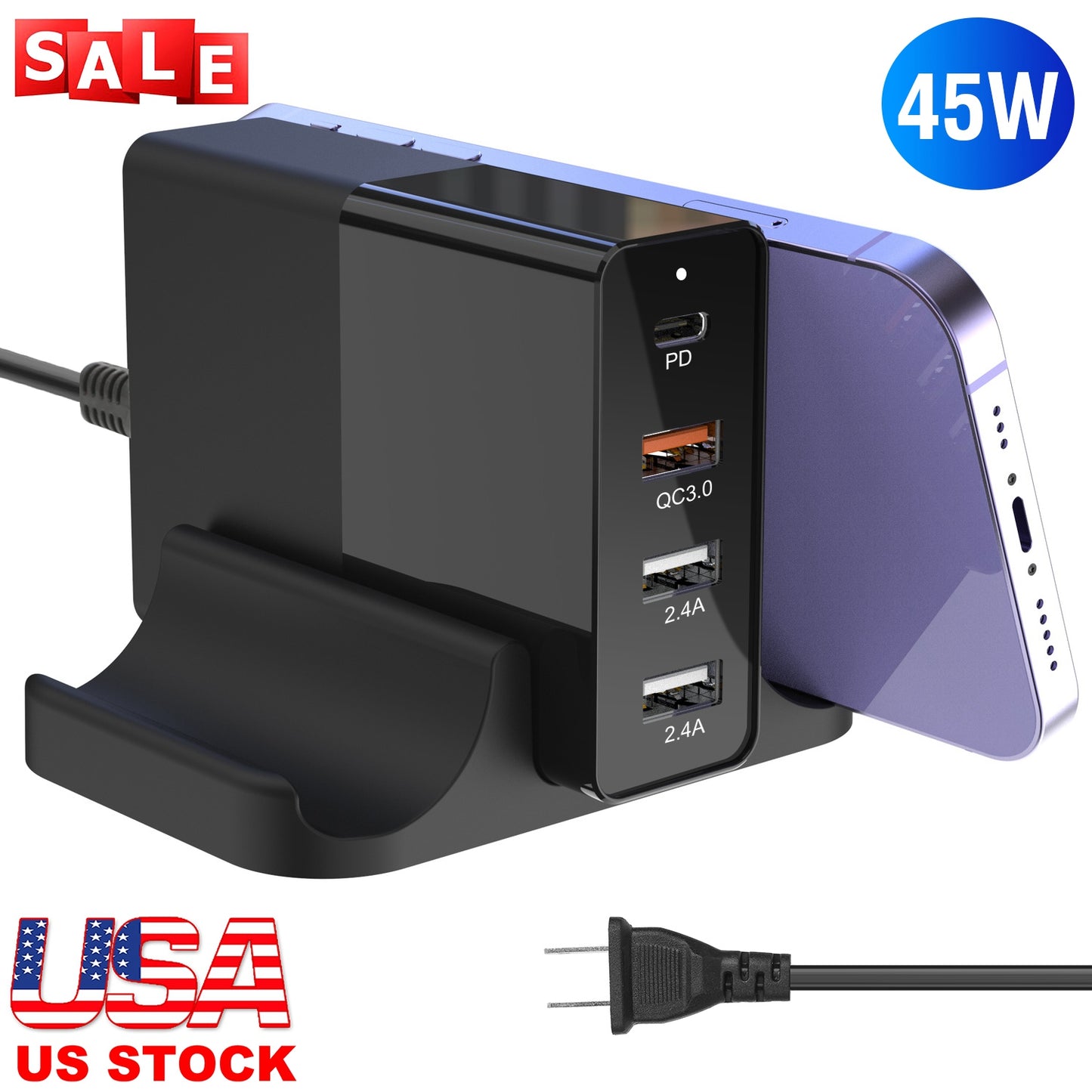 LJGelectro - USB Fast Charger 45W 4-Port Fast Charging Station Type-C Wall Charger PD Adapter with 1 Type-C Port 3 USB-A Ports Fit for IOS Phone 13/iPad/Galaxy/Lap