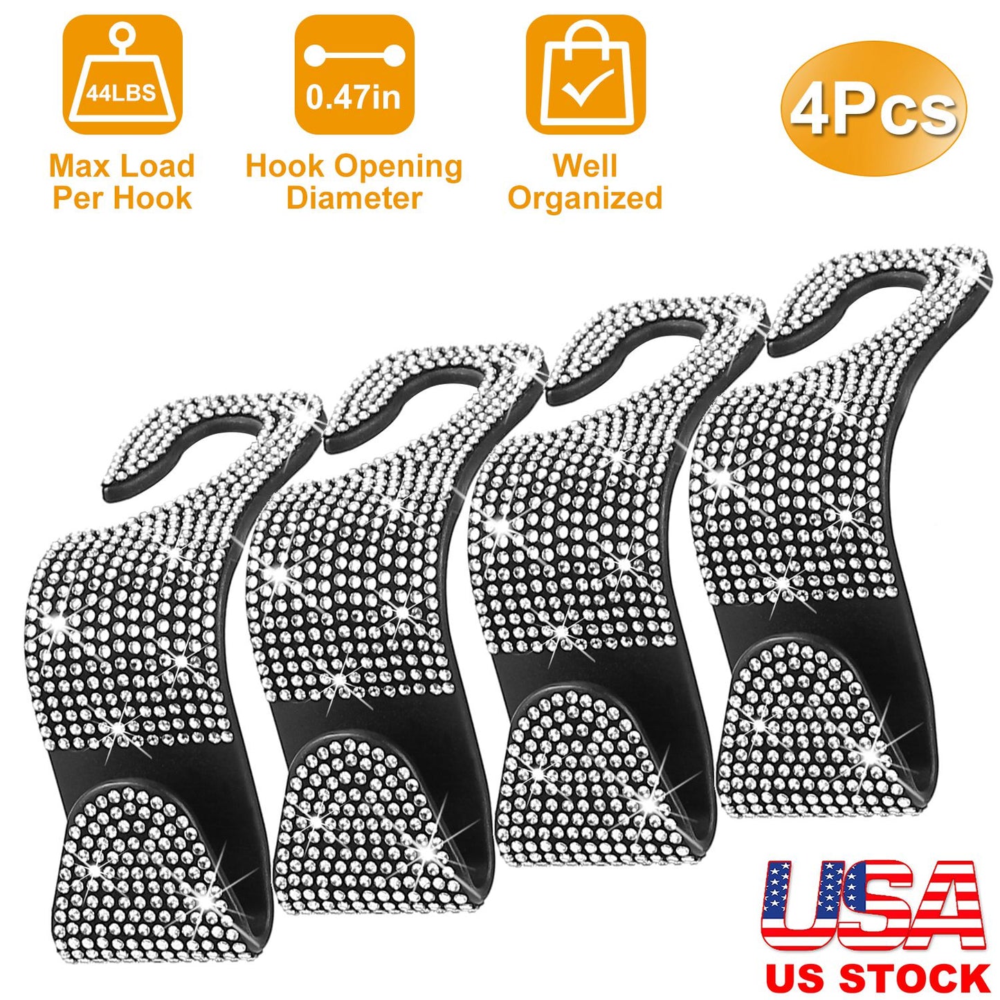 LJGelectro - 4Pcs Car Headrest Hooks Bling Rhinestones Back Seat Organizer Hanger Holder For Bag Purse Cloth Grocery Umbrellas