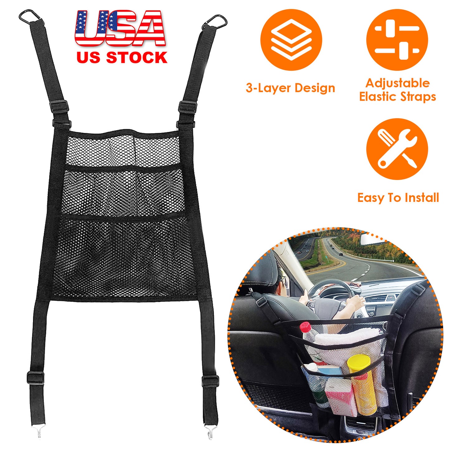 LJGelectro - Car Mesh Organizer 3 Layer Seat Back Net Pocket Bag Cargo Elastic Tissue Purse Holder Driver Storage Netting Pouch Barrier of Backseat for Kids Pets