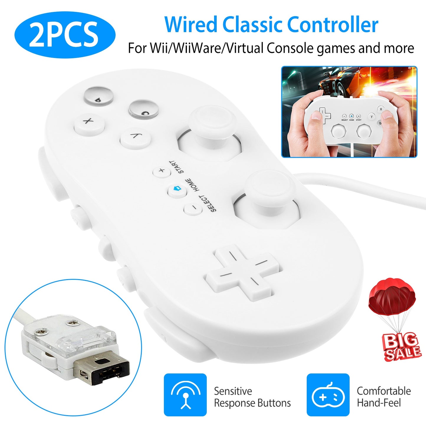 LJGelectro - 2PCS Classic Game Controller Pad Wired Gamepad Joypad Joystick for Nintendo Wii Remote