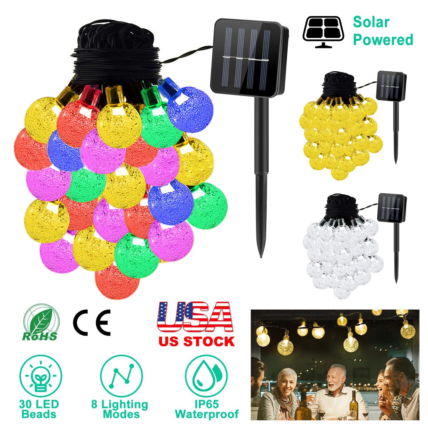 LJGelectro - Globe String Solar Lights 30 Ball LED Fairy Solar Lamps 8 Lighting Modes IP65 Waterproof Decorative Lamp w/ Stake Garden Lawn Flower Trees Patio Garde