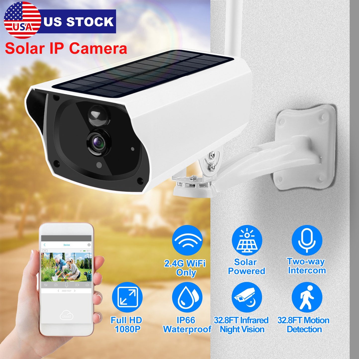 LJGelectro - 1080P Solar Powered WiFi IP Camera Two-Way Intercom Security Surveillance Camera IP66 Waterproof Motion Sensor Night Vision Network Camcorder APP Cont