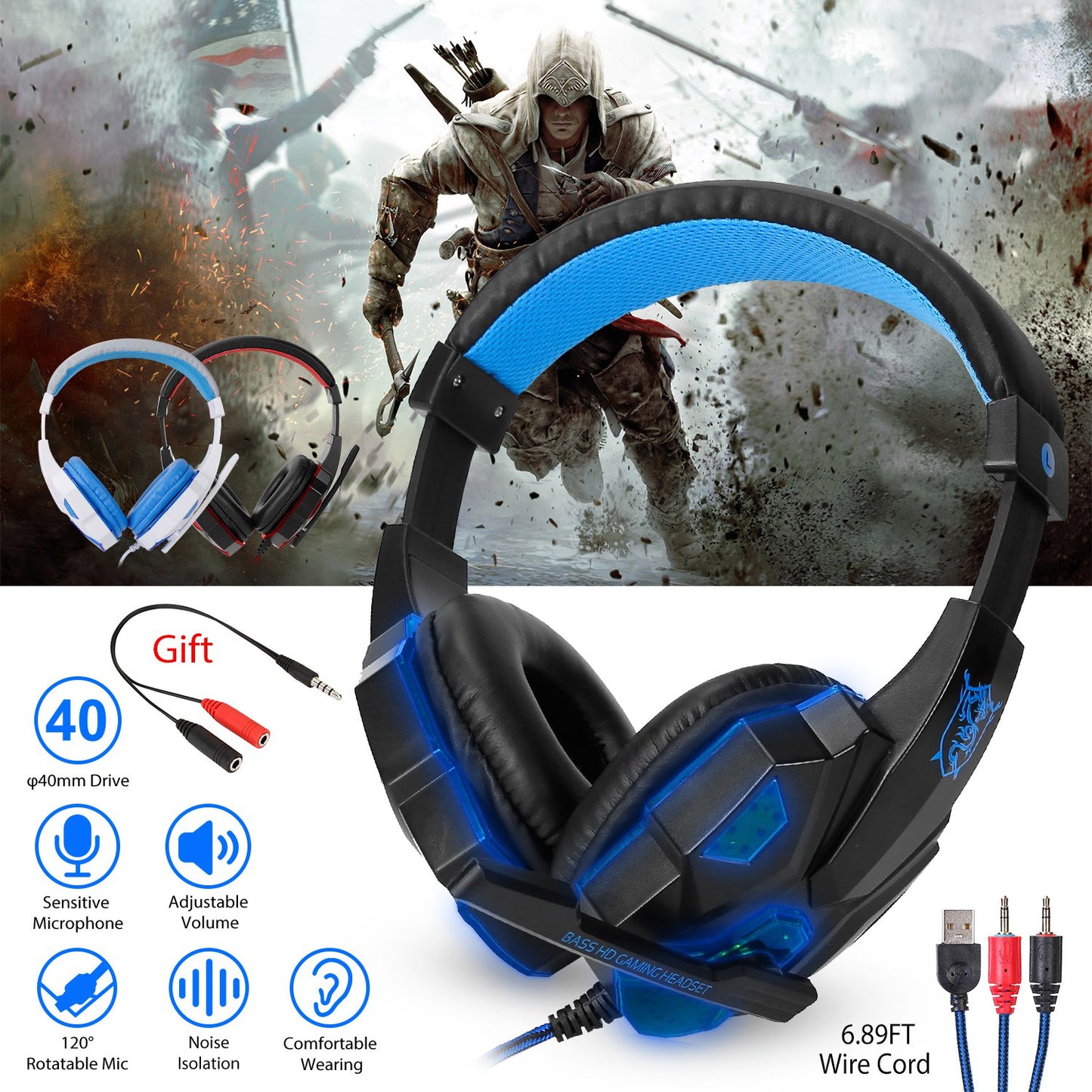 LJGelectro - Gaming Headsets Stereo Bass Over Ear Headphones w/LED Light Earmuff w/ Mic 3.5mm Plug USB 6.89FT Cord Fit For PS5/PS4/PS4 Pro/Slim/PSP/ Nintendo Switc