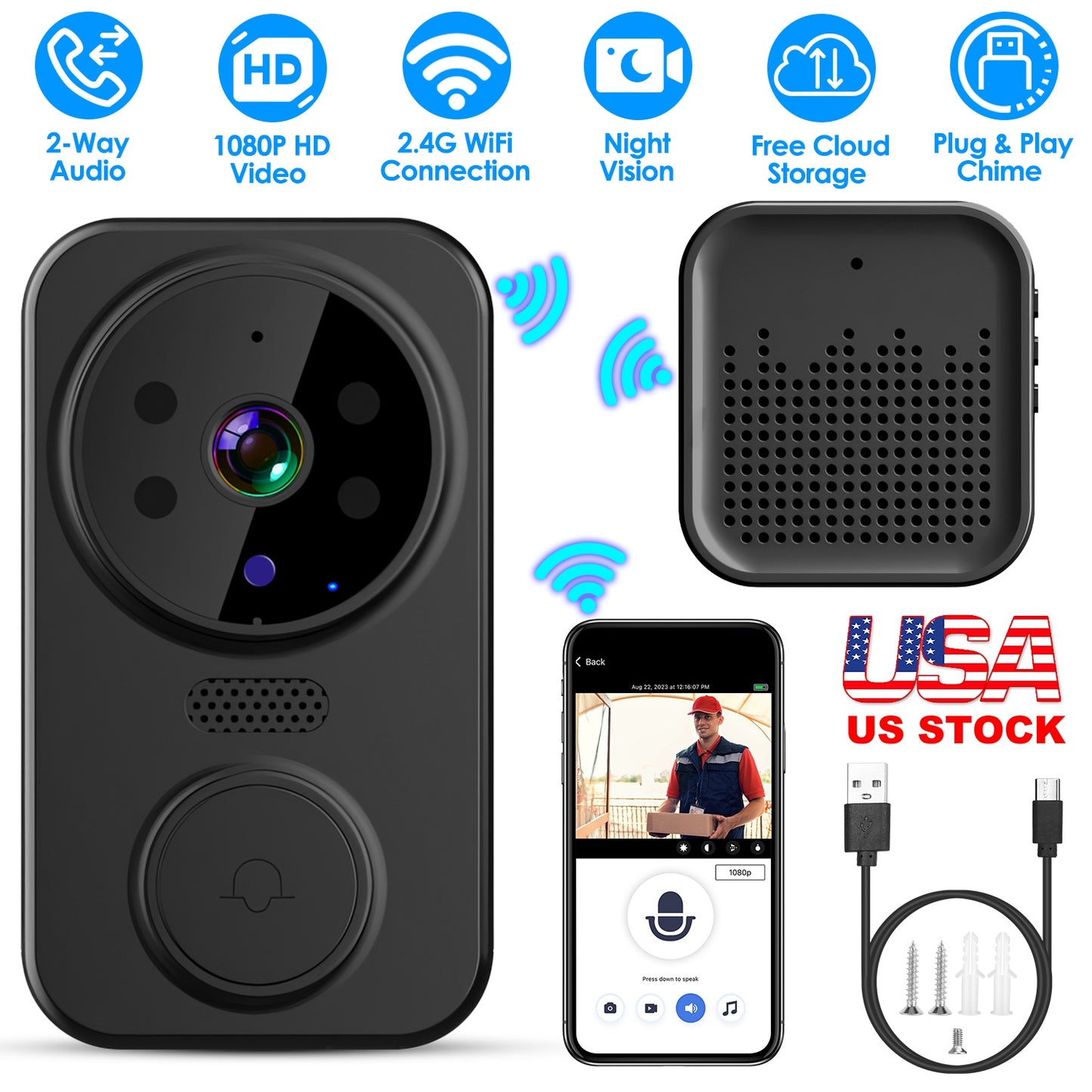 LJGelectro - WiFi Security Doorbell Camera with Volume Adjustable Wireless Chime 1080P Camera Night Vision 2-Way Audio Free Cloud Storage