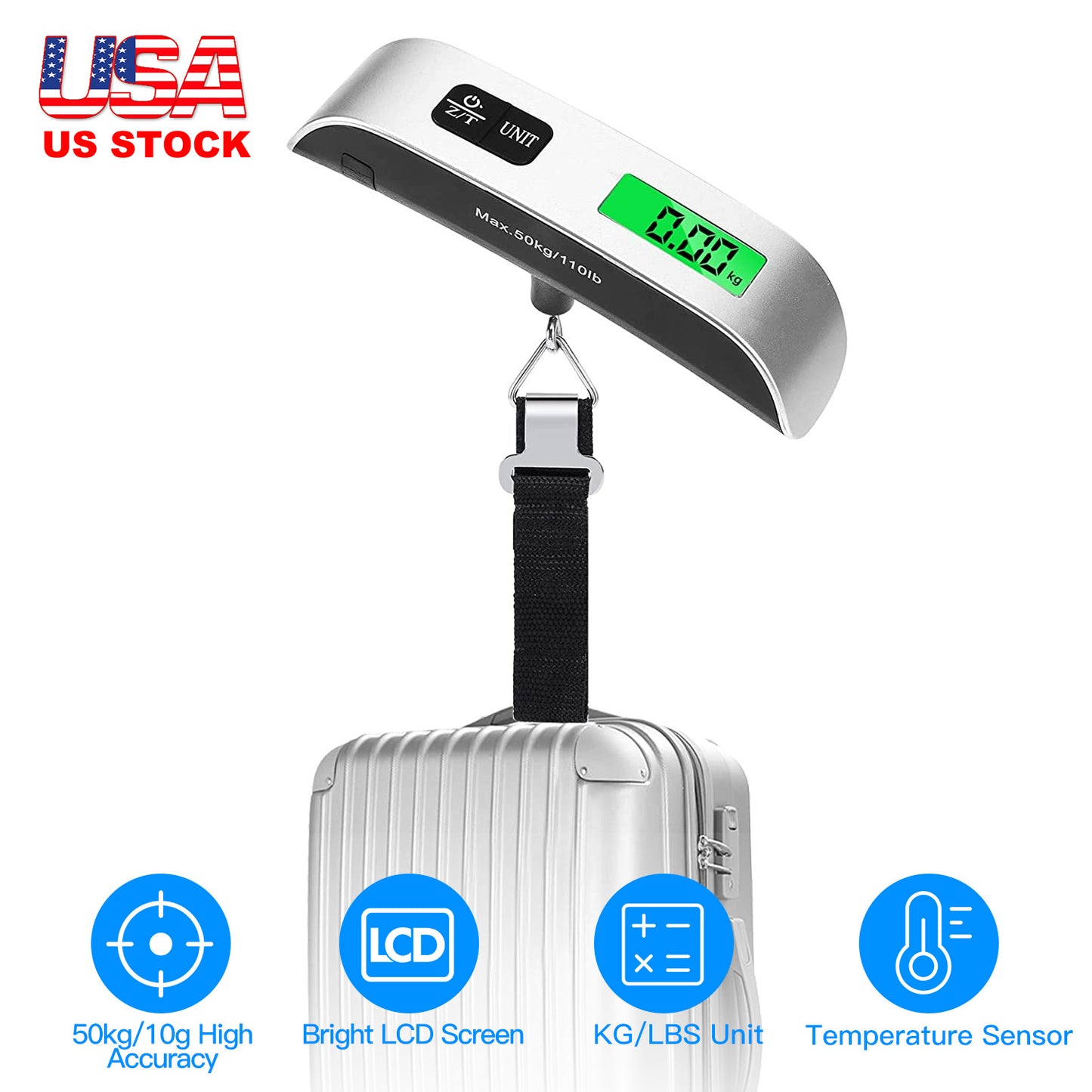 LJGelectro - 50kg 110lbs Portable Luggage Scale Handheld Hanging Suitcase Digital Scale with Hook LCD Display Screen Temperature Sensor Battery Include Travel Weig