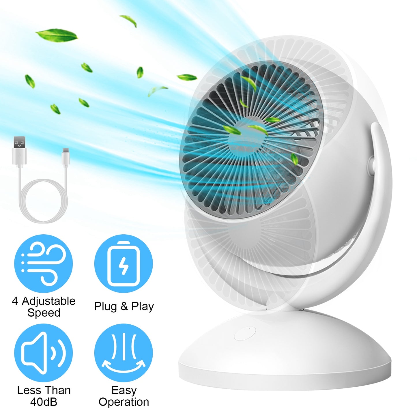 LJGelectro - Air Circulator Desk Fan Portable Desktop Rechargeable Oscillating Fan with 4 Speeds 360 Degree Tilt Head Automatic Rotation Quiet 40dB Table Fan for H