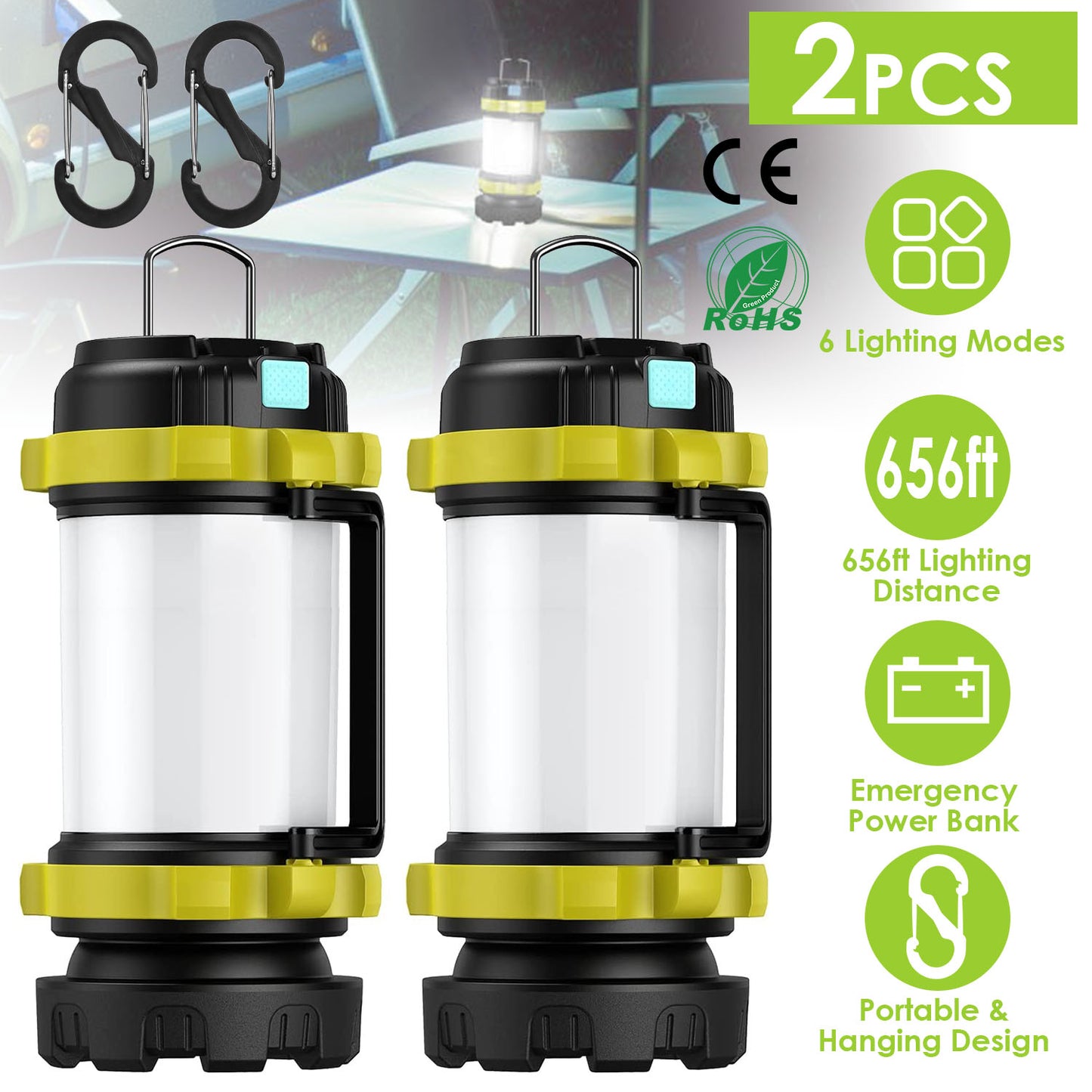 LJGelectro - 2Pcs Camping Lantern Rechargeable Flashlight Torch Power Bank Portable Tent Light Lamp USB Rechargeable for Hiking Fishing Emergency Outdoor