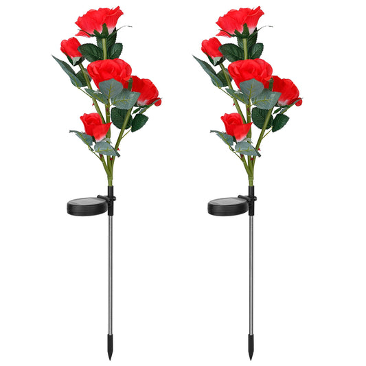 LJGelectro - 2Pcs Solar Powered Lights Outdoor Rose Flower LED Decorative Lamp Water Resistant Pathway Stake Lights For Garden Patio Yard Walkway