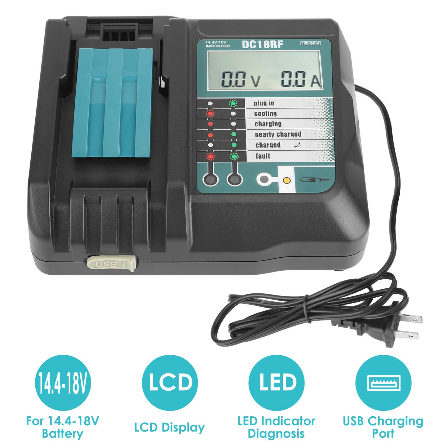 LJGelectro - Rapid Charger Replacement Fit for Makita 14.4-18V Battery BL1860 BL1830 BL1850 with
 
 LCD Display USB Port