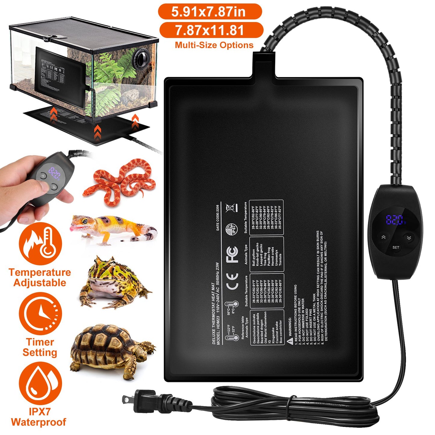 LJGelectro - Electric Reptile Heating Pad With 32-122°F Temperature Adjustment IPX7 Waterproof Timer Setting Under Tank Heating Mat for Lizards Turtles Snake Spide