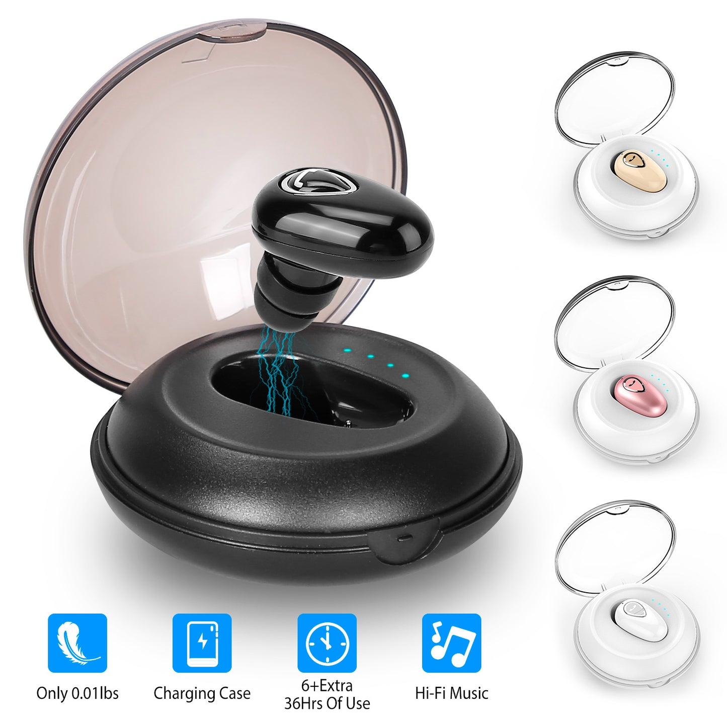 LJGelectro - IPX5 Waterproof Unilateral Wireless Earbud Mini In-Ear Headset Rechargeable with Built-in Mic Charging Case Sweat Resistant Earphone