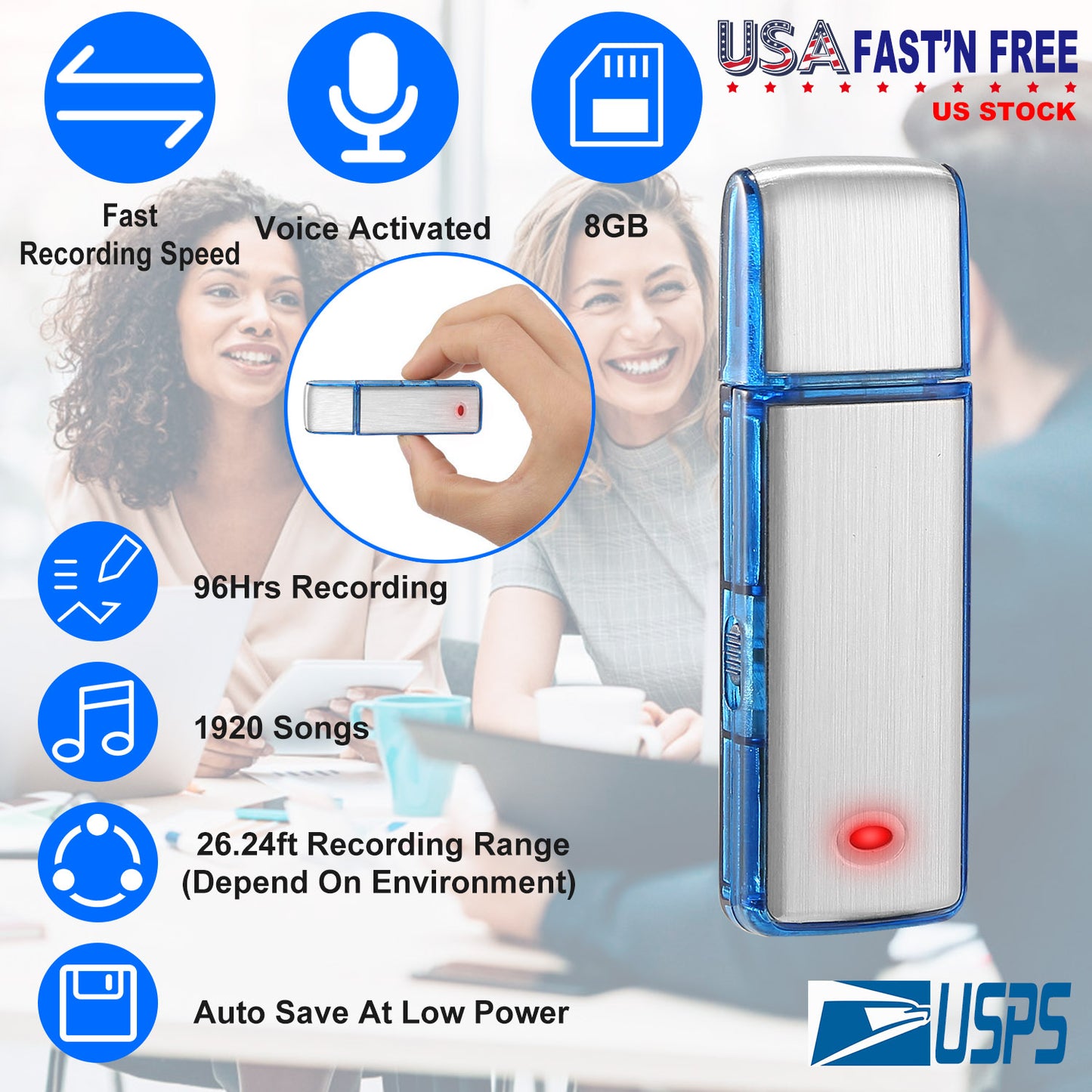 LJGelectro - Mini Voice Recorder 8GB Digital Sound Audio Activated Recorder USB Flash Drive Disk w/ 96Hrs Recording U Disk Recorder For Meeting Lectures