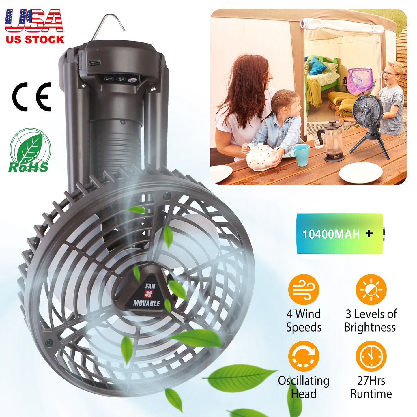 LJGelectro - 10400mah Portable Camping Fan with LED Light Rechargeable Tripod Tent Hanging Fan Lantern Portable Foldable Oscillating Table Fan with 3 Brightness 4