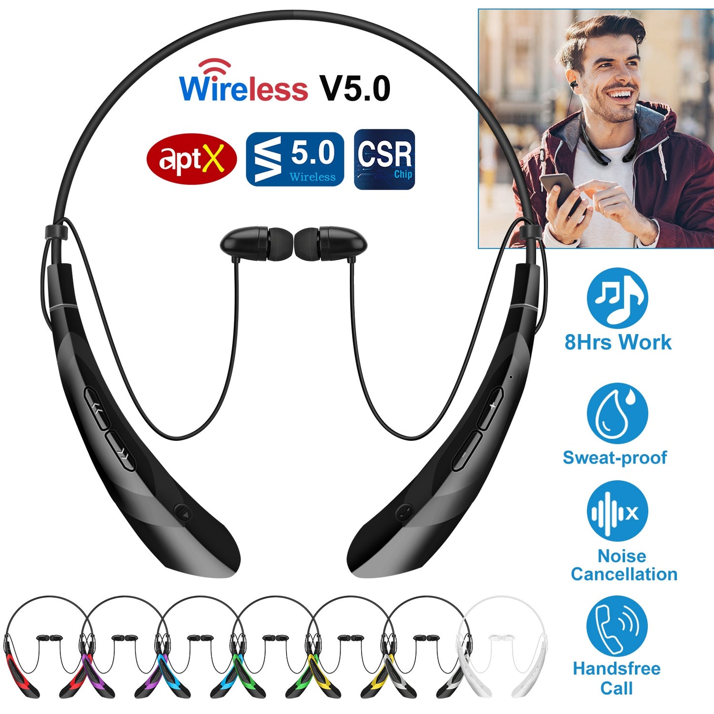 LJGelectro - Wireless Neckband Headphones V5.0 Sweat-proof Sport Headsets Earbuds In-Ear Magnetic Neckbands Stereo Earphone Deep Bass Earphone w/Mic