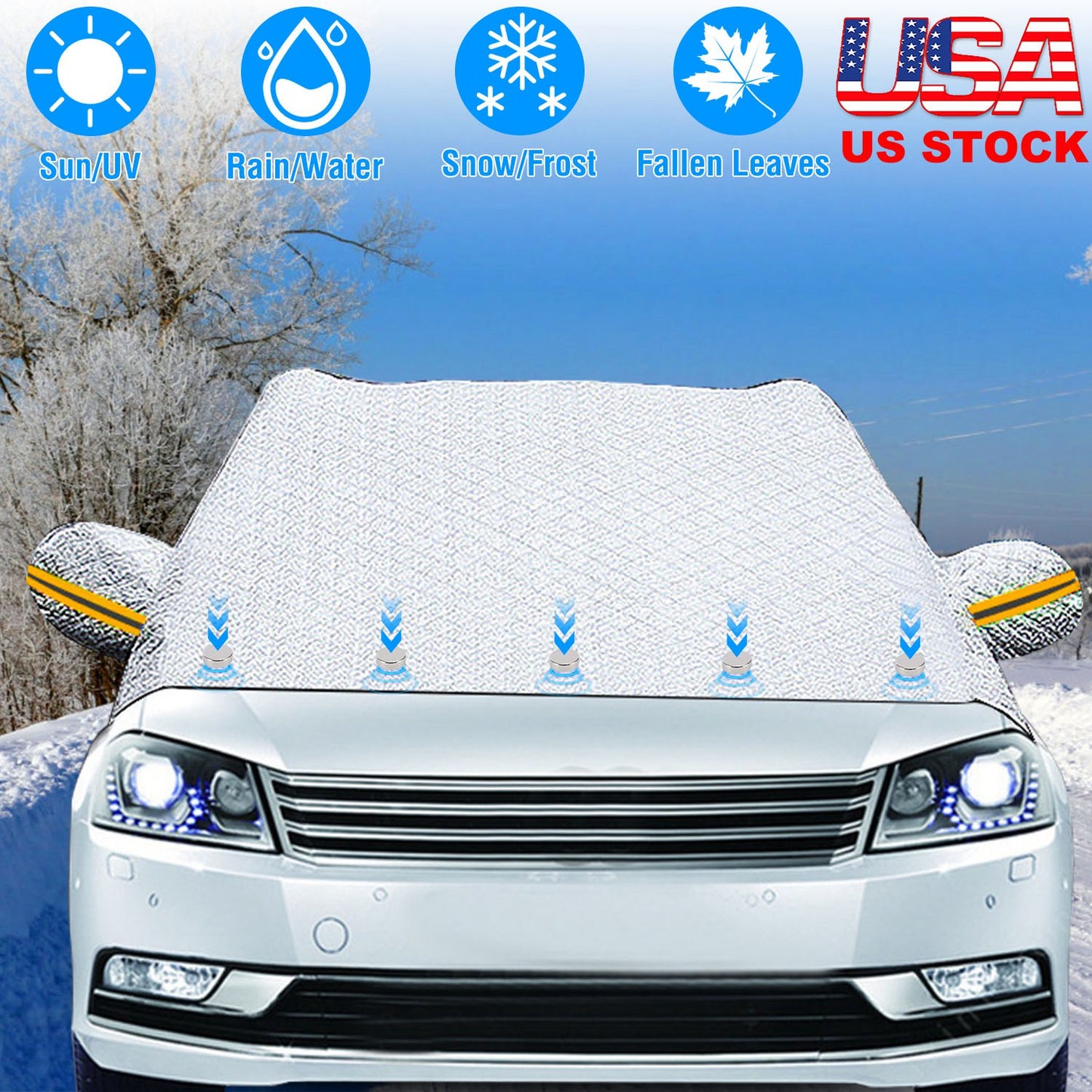 LJGelectro - Car Windshield Snow Cover Windproof Magnetic Car Windscreen Cover Frost Ice Protection with Side Mirror Protector 5 Magnets for Most Vehicles