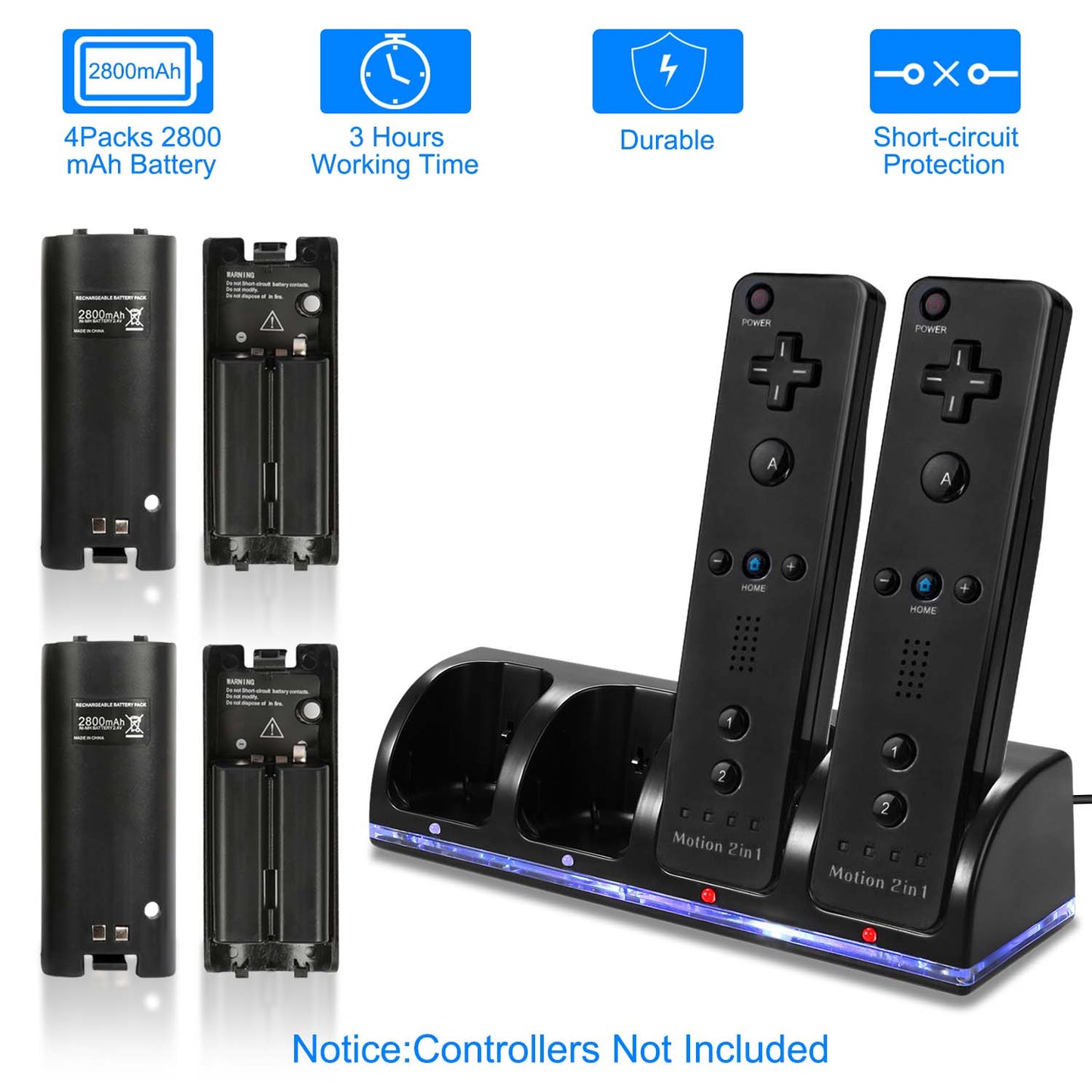 LJGelectro - 4 Remotes Charging Dock Game Controller Charger 2800mAh Rechargeable Battery Charging Stations w/ LED Indicator for Wii Nintendo