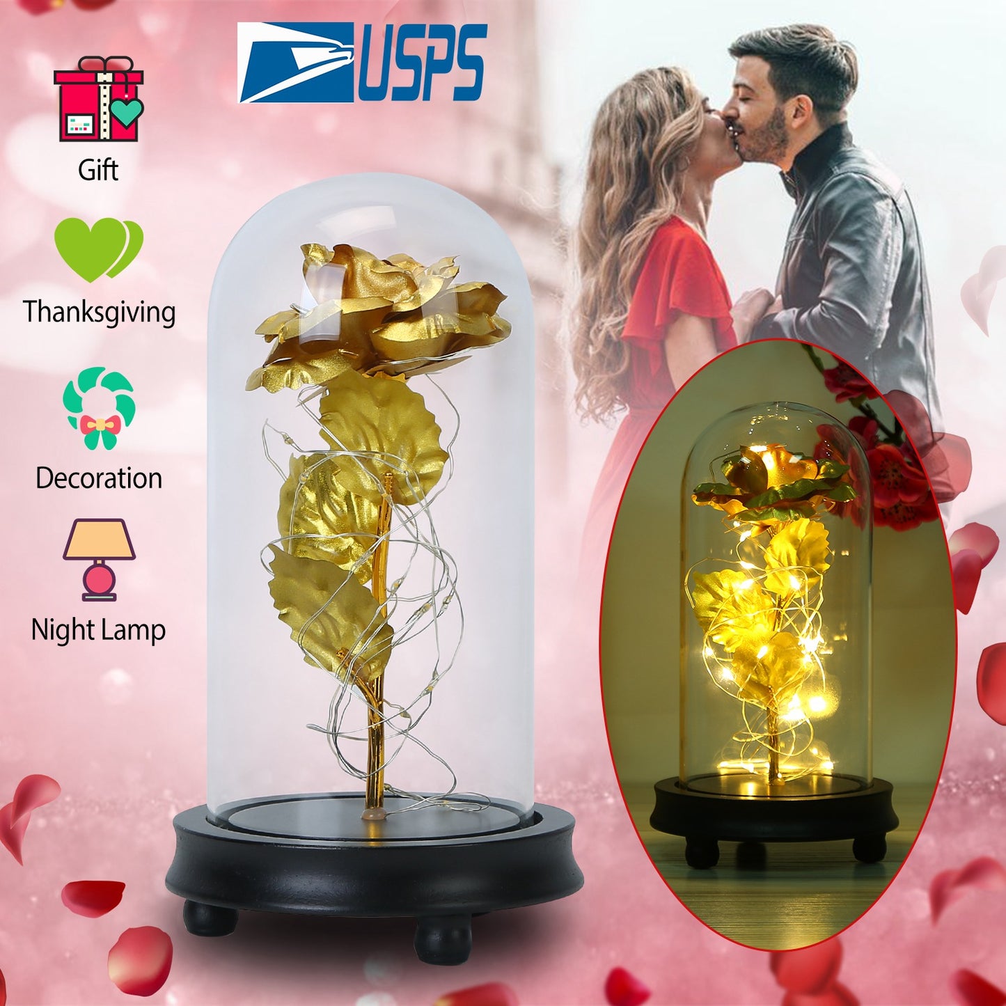 LJGelectro - Foil Rose LED String Light Rose Fairy Lamp w/ Glass Dome For Valentines’ Day Mother’s Day Wedding Birthday