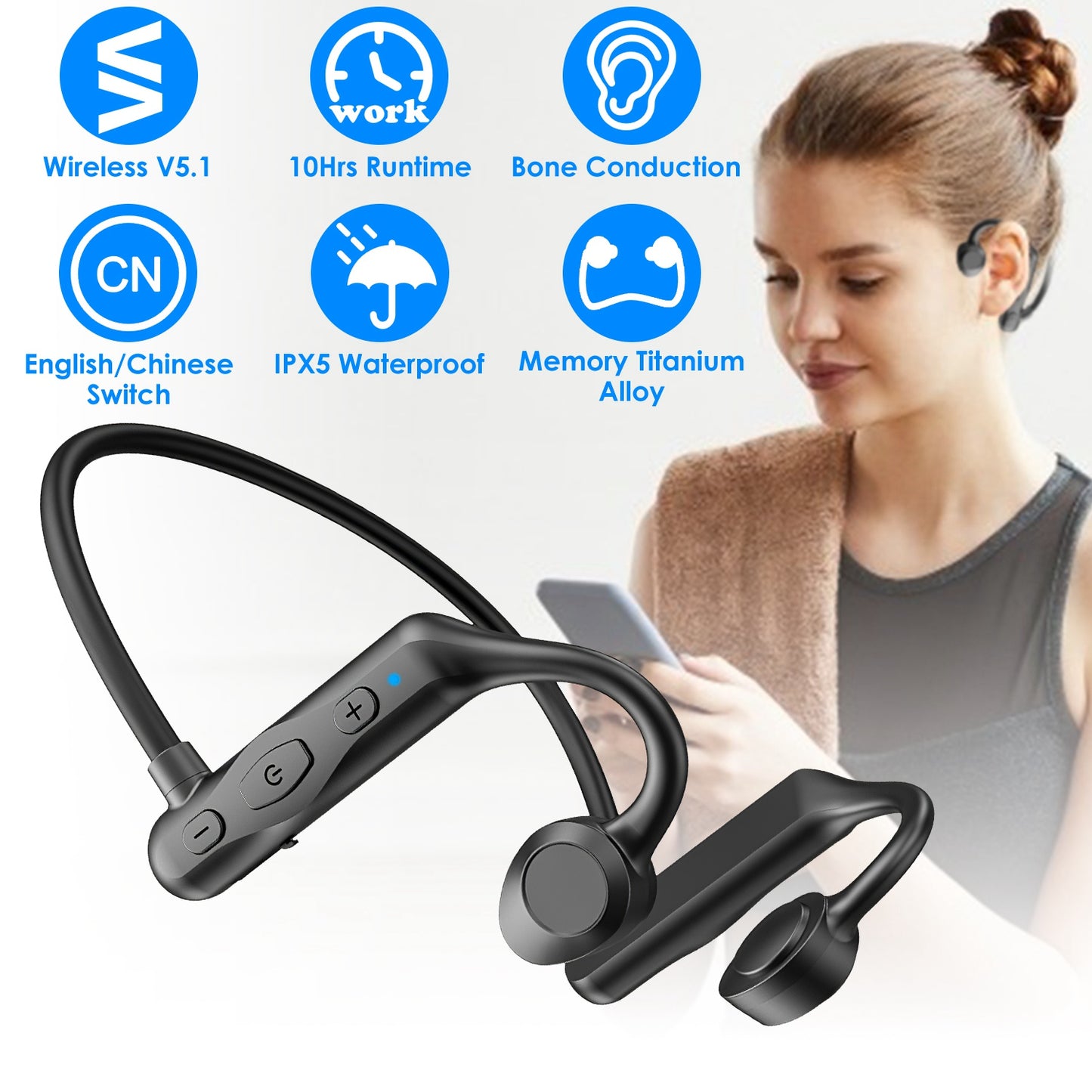 LJGelectro - IPX5 Waterproof Wireless V5.1 Bone Conduction Earphones Open-Ear Wireless Headsets Music Sport Wireless Open Hook Earphone with Sensitive Mic For Busi