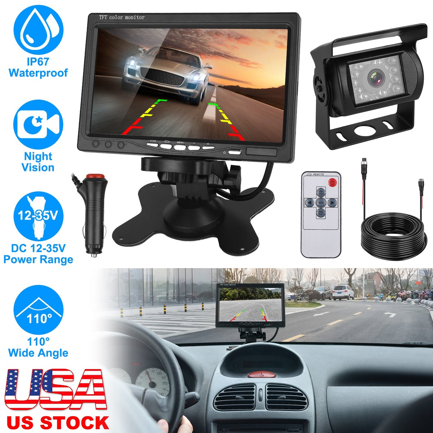 LJGelectro - Wireless Backup Camera System Vehicle Rear View Monitor Kit IP67 Waterproof Car Parking Reverse System with 7In Screen Night Vision 2.4G Stable Signal