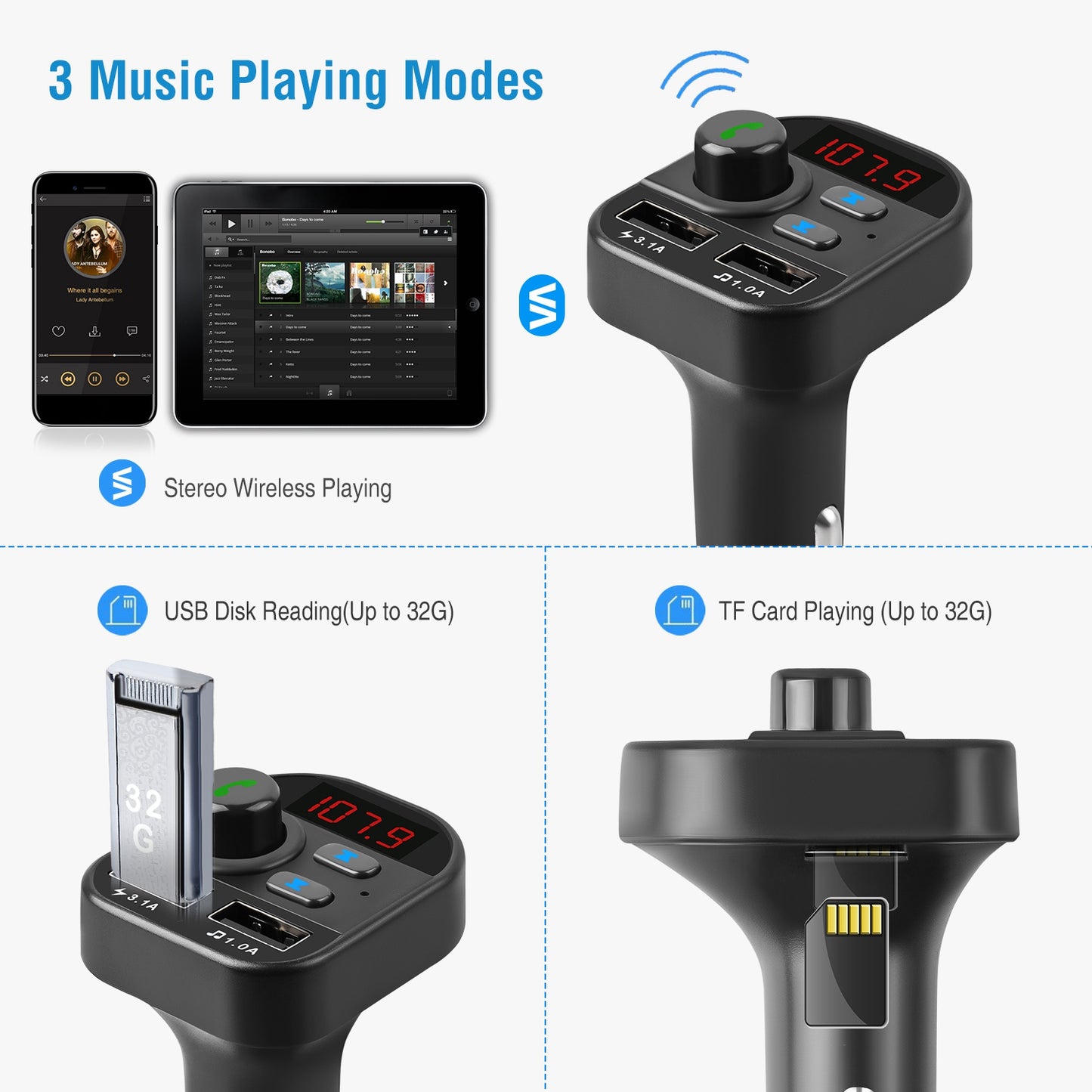 LJGelectro - Car Wireless V5.1 FM Transmitter Dual USB Charge Hands-free Call Car MP3 Player TF Card USB Disk Reading