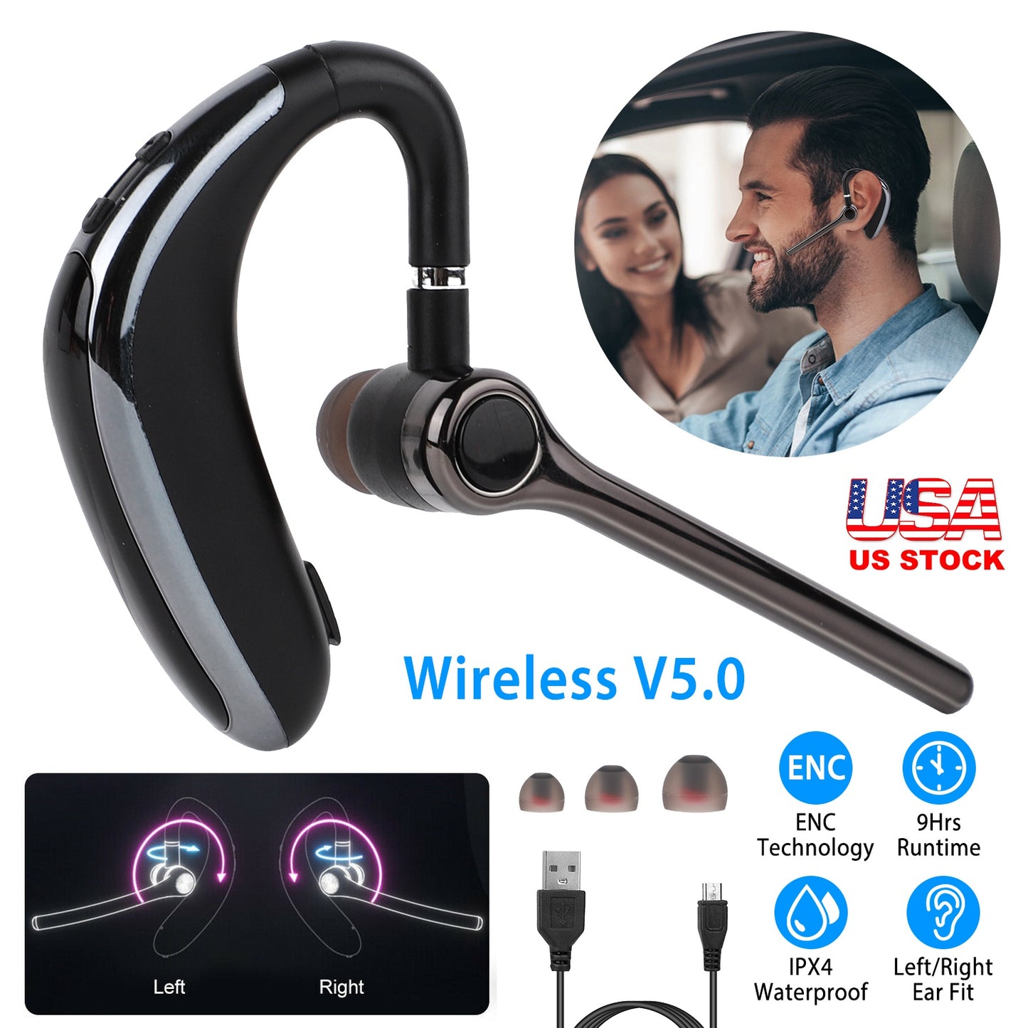 LJGelectro - Wireless V5.0 Earpiece ENC Driving Earbuds 180° Rotatable Left Right Ear Fit Earphone For Business Driving Running