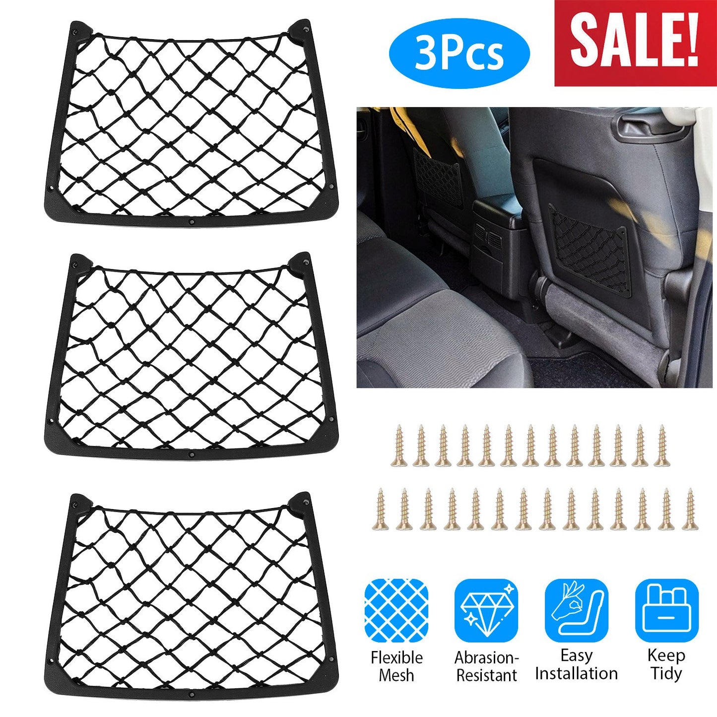 LJGelectro - 3Pcs Mesh Pockets Seat Side Back Wallet Phone Storage Net Bag Framed Stretch Car Bus Organizer Holder For Auto RV SUV Boat