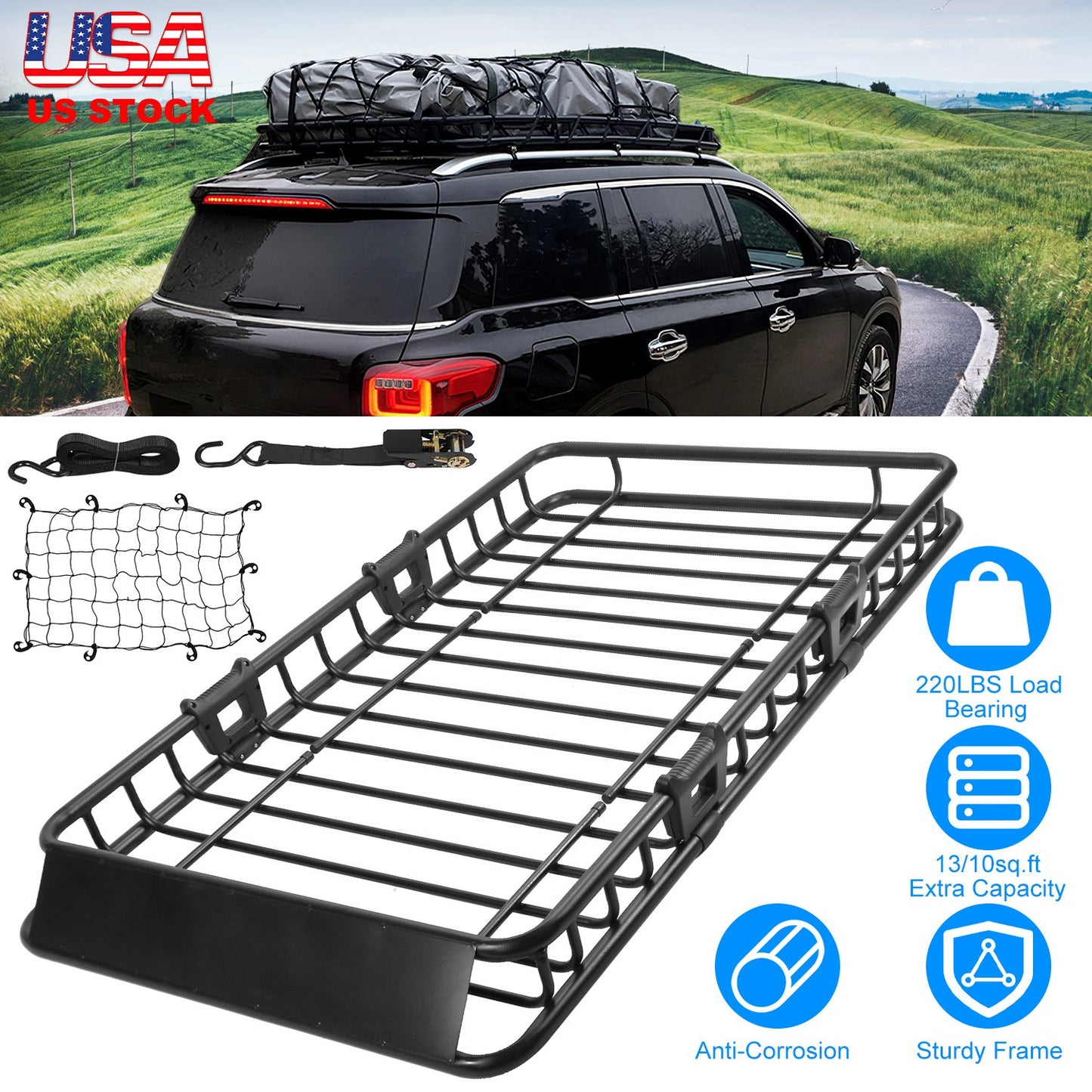 LJGelectro - 63x39x6.3in Universal Roof Rack Cargo Carrier Car Top Luggage Holder Basket with Hook Strap Elastic Net