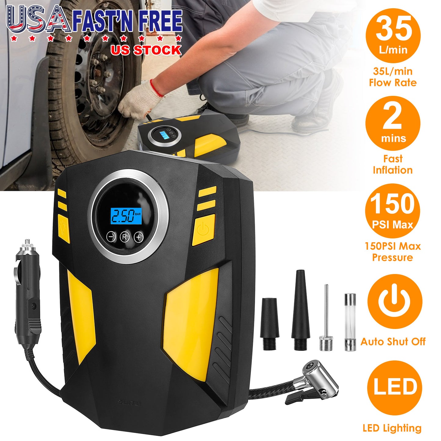 LJGelectro - Portable Car Tire Inflator DC 12V Digital Car Air Pump Compressor Electric Air Pump w/LED Light 150PSI