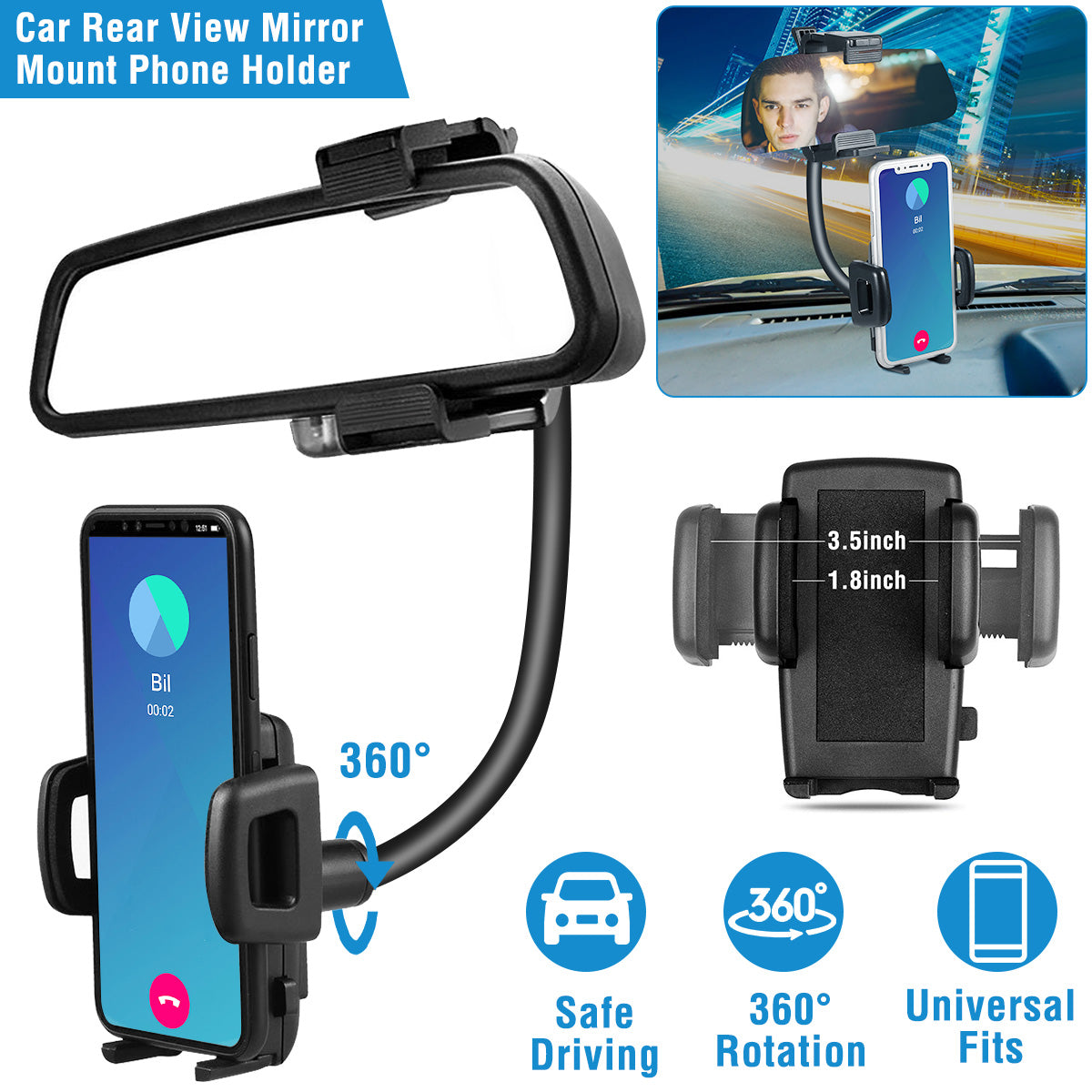 LJGelectro - Rear View Mirror Car Mount Holder Universal 360° Rotation Phone Stand Cradle For iPhone Samsung GPS