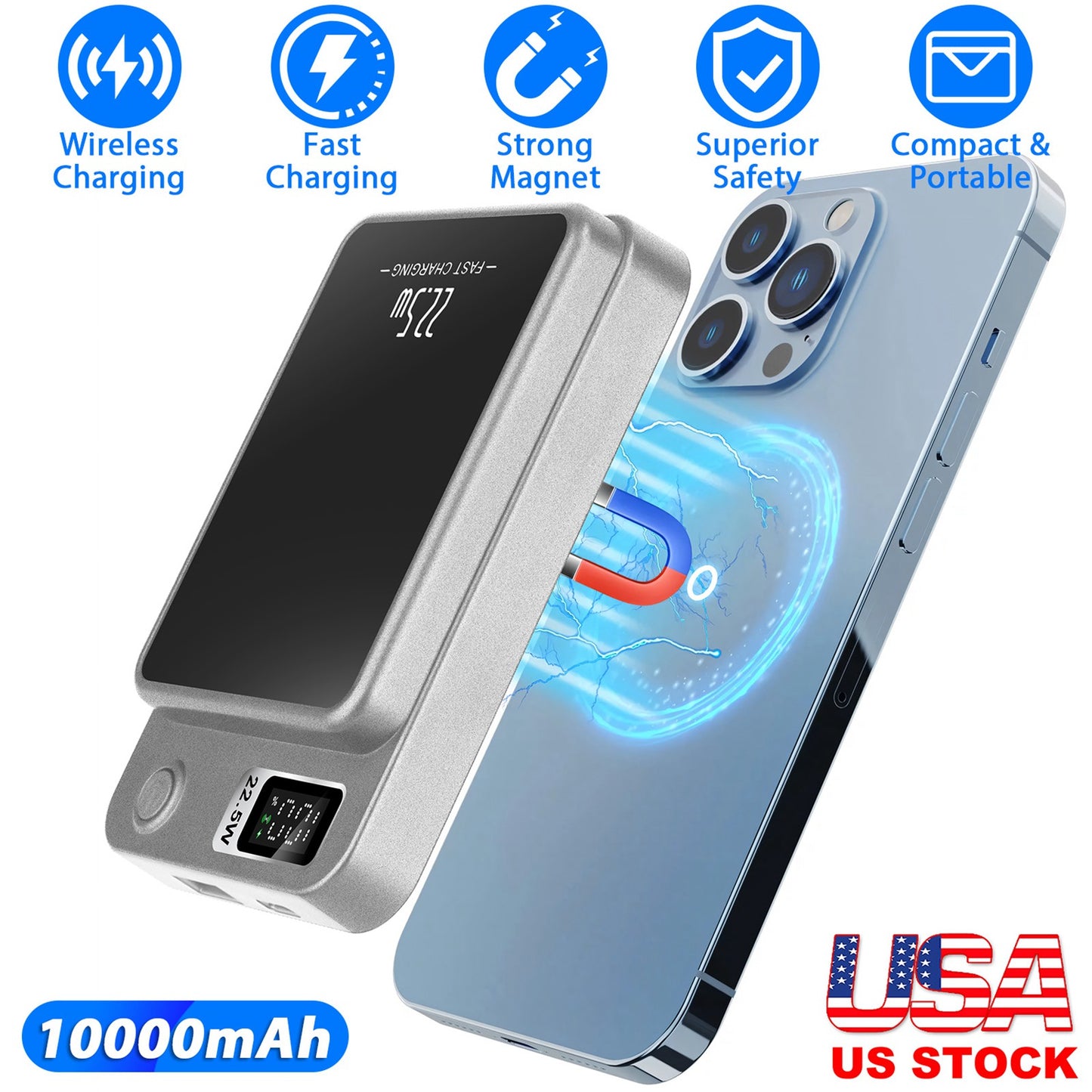 LJGelectro - 2 In 1 Magnetic Wireless Power Bank 10000mAh PD20W Fast Charger MagSafe Wireless Power Bank Fit for IOS Phones IOS Phone 14 Series And More