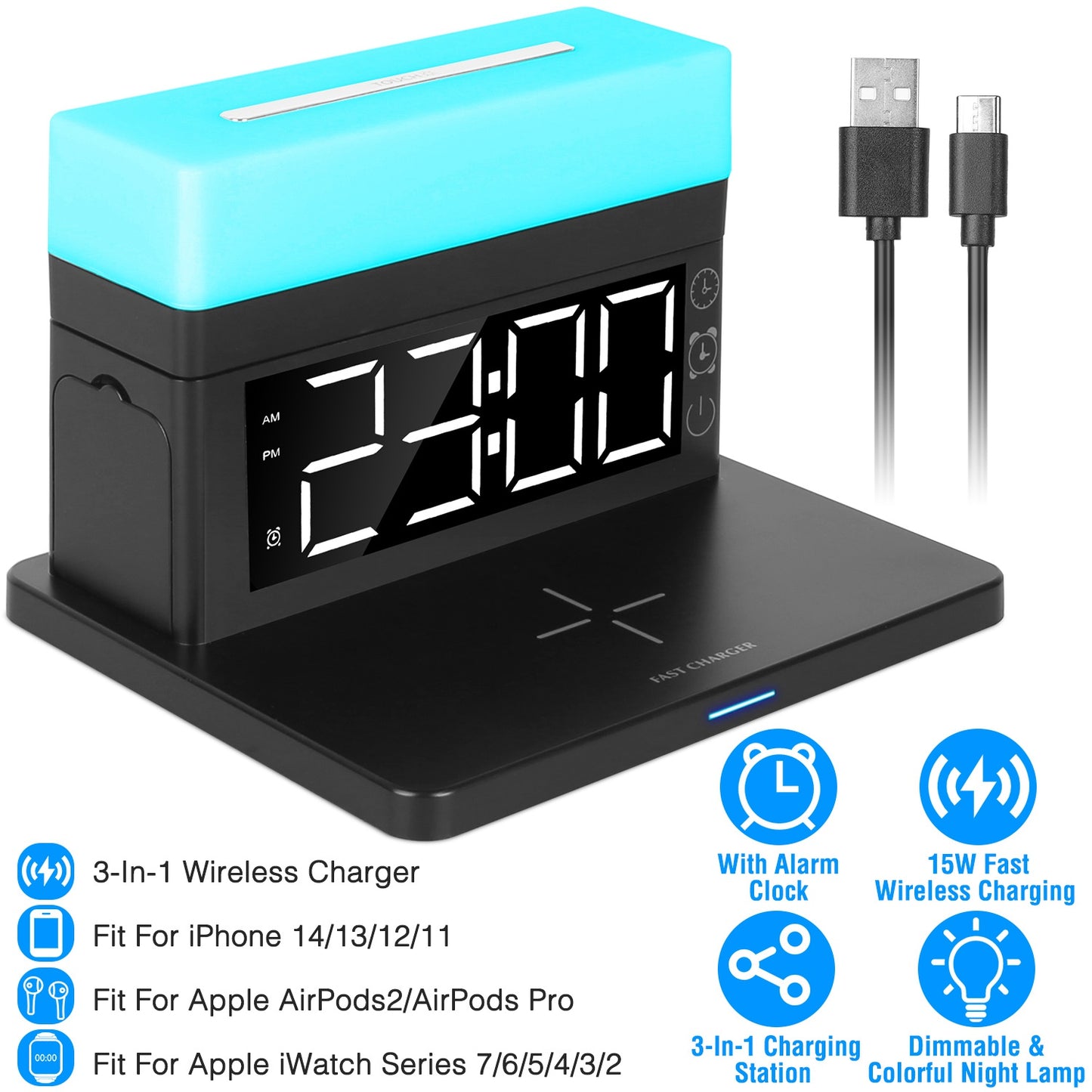 LJGelectro - 3 in 1 Wireless Charger Fast Charging Station Dock with Alarm Clock and Dimmable Colorful Night Light Fit for iPhone 14/13/12/11/Pro Max/iWatch/AirPod