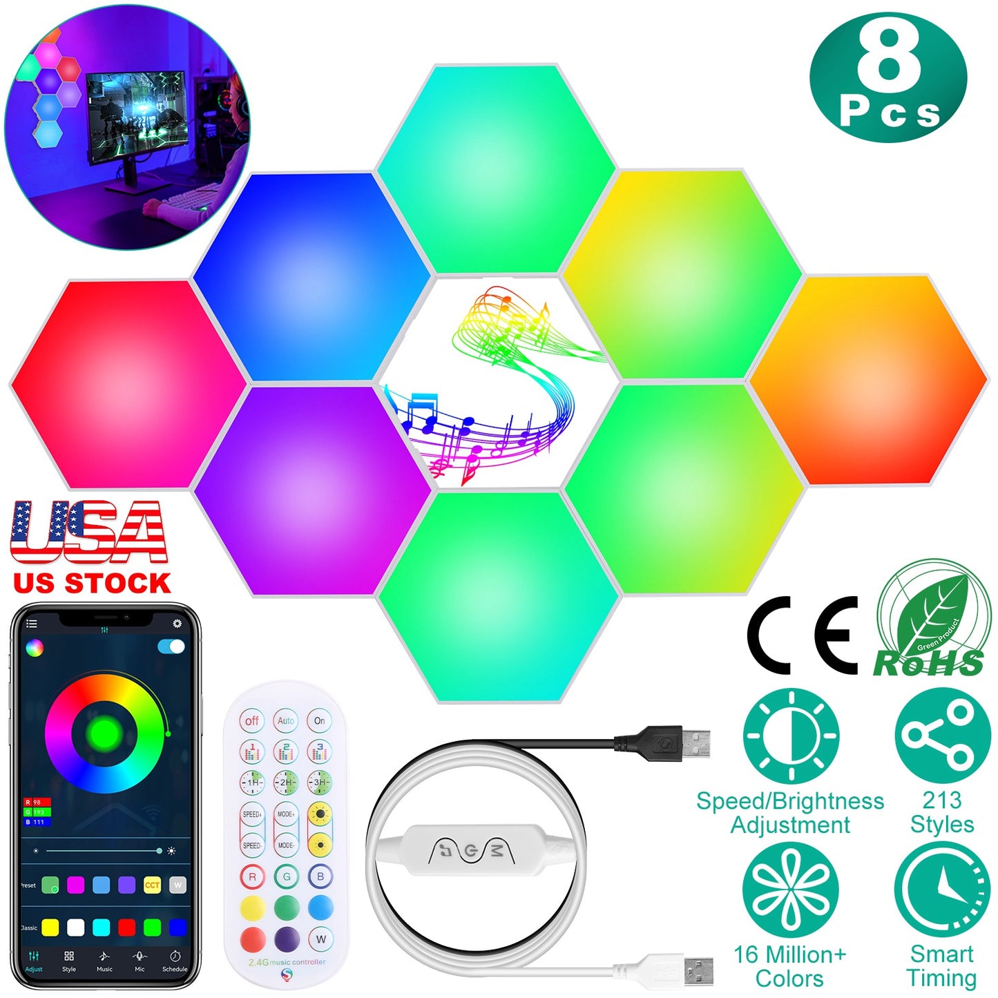 LJGelectro - 8Pcs Hexagon Light Panels RGBW Colorful Splicing Wall Lamps App Remote Line Control Timing Decorative Gaming Light Music Sync Lamps