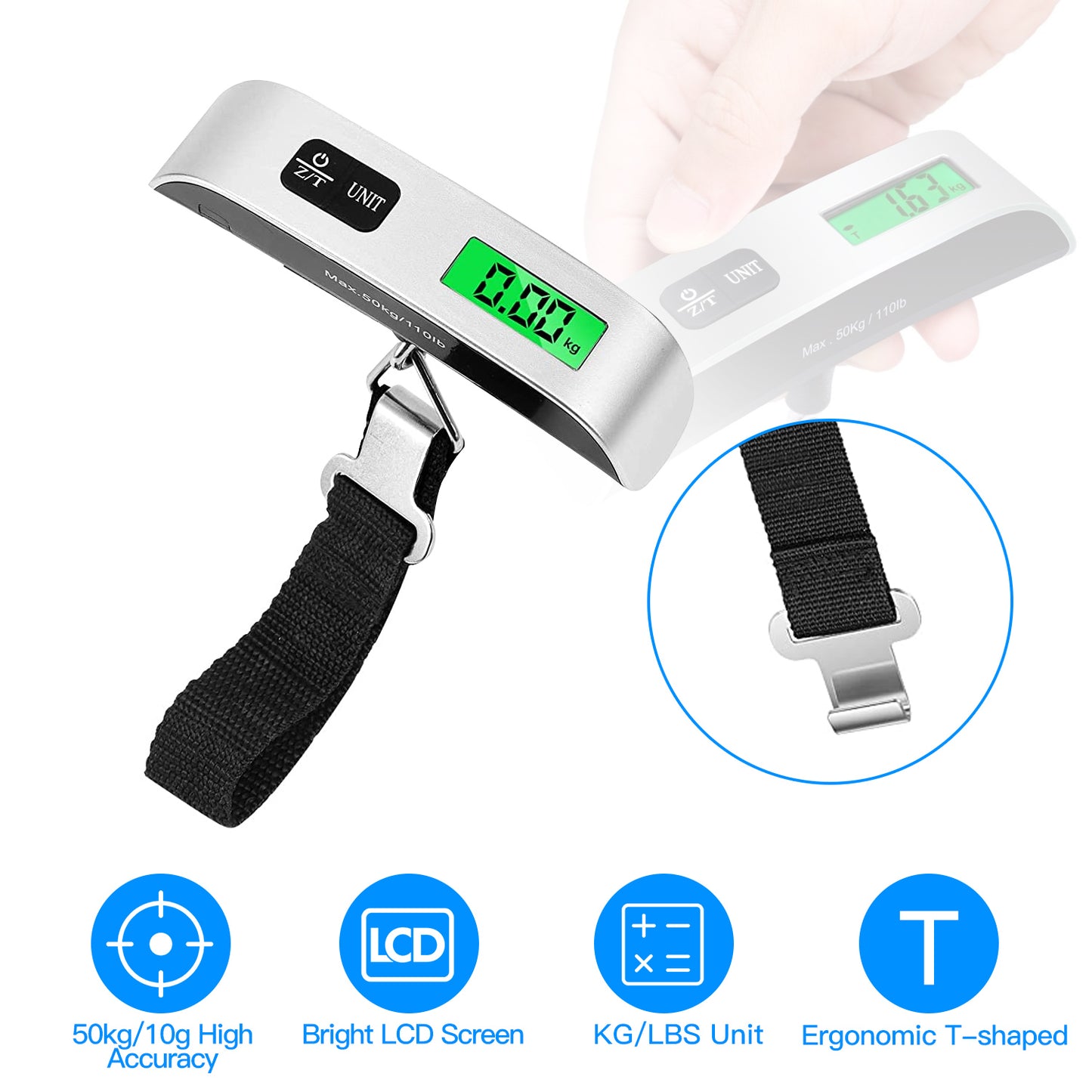 LJGelectro - 50kg 110lbs Portable Luggage Scale Handheld Hanging Suitcase Digital Scale with Hook LCD Display Screen Temperature Sensor Battery Include Travel Weig