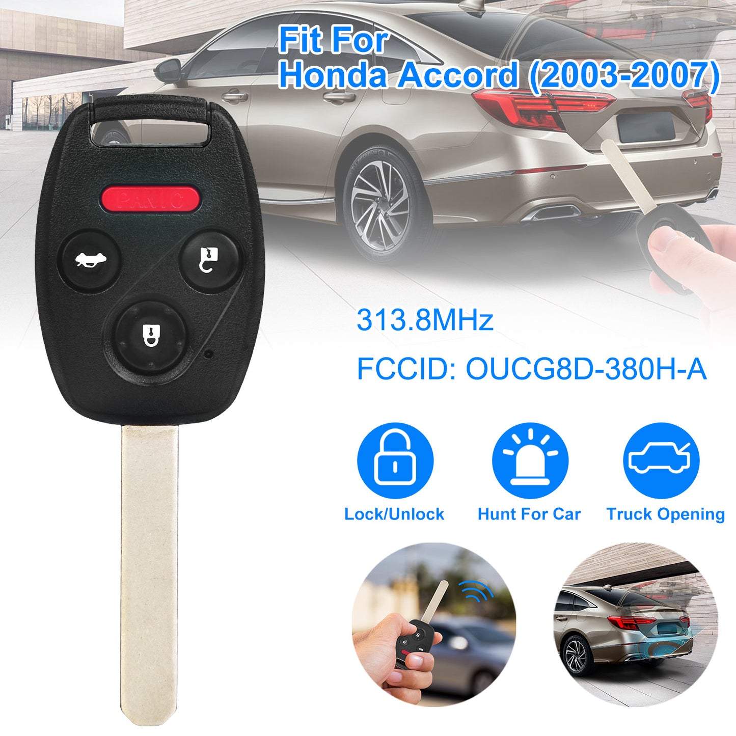 LJGelectro - Fit For Honda Accord 2003-2007 Remote Keyless Entry Shell Button Car Key Fob Uncut Key Cover Case OUCG8D-380H-A FCCID 313.8MHz Frequency