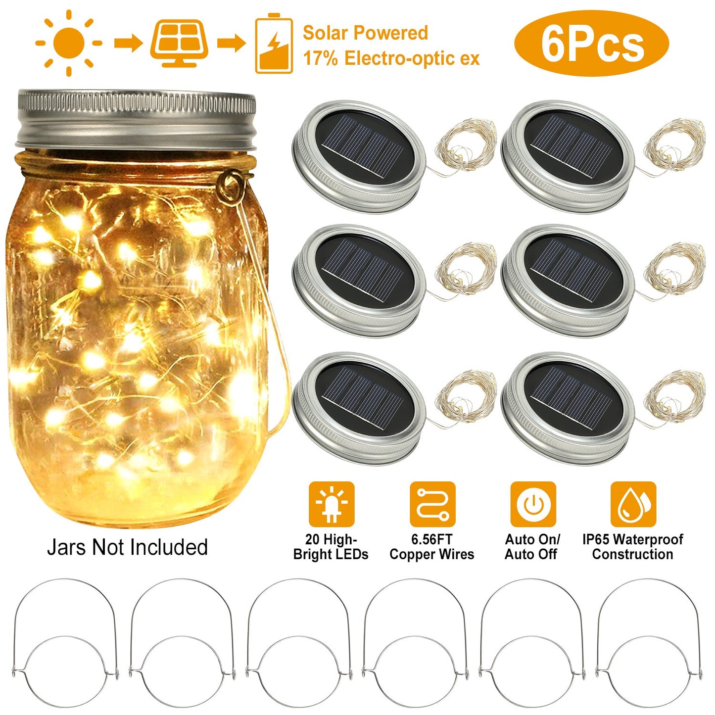 LJGelectro - 6 Pcs Solar Powered Mason Jar Lid Lights 20 LEDs Fairy String Lights Xmas Garden Decor