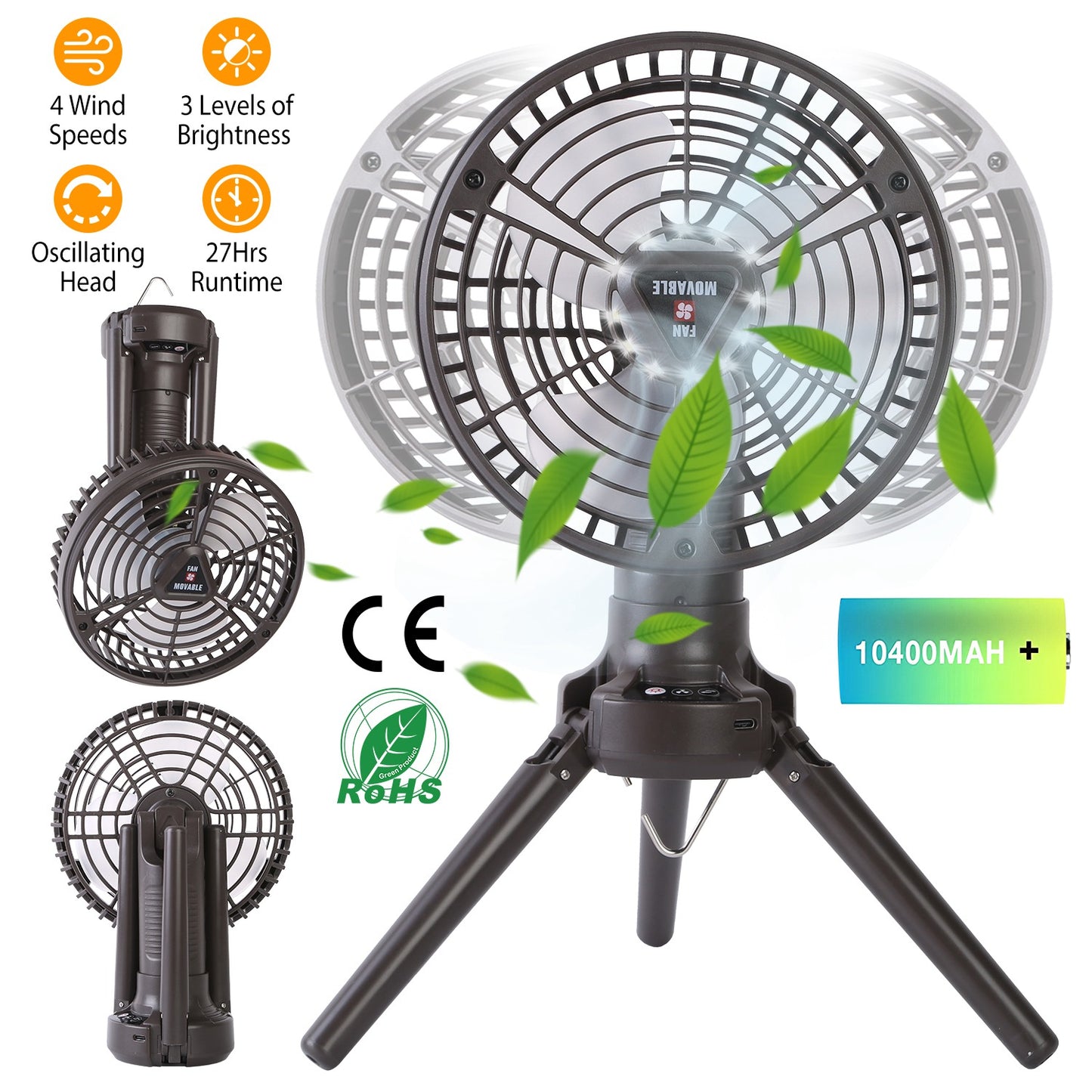 LJGelectro - 10400mah Portable Camping Fan with LED Light Rechargeable Tripod Tent Hanging Fan Lantern Portable Foldable Oscillating Table Fan with 3 Brightness 4